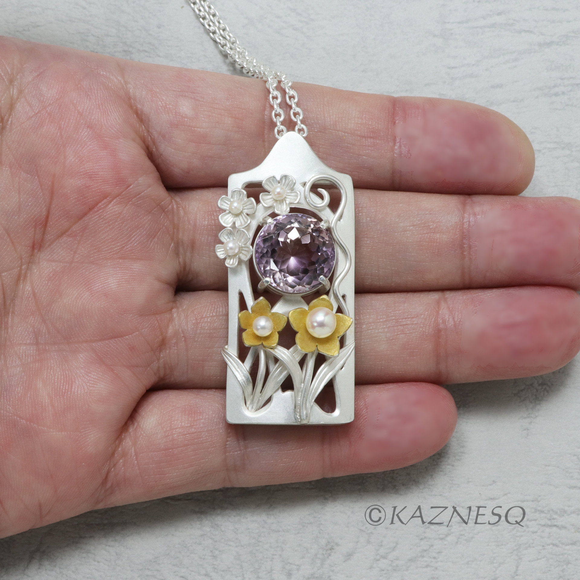Art Nouveau style ametrine jonquil motif silver pendant necklace