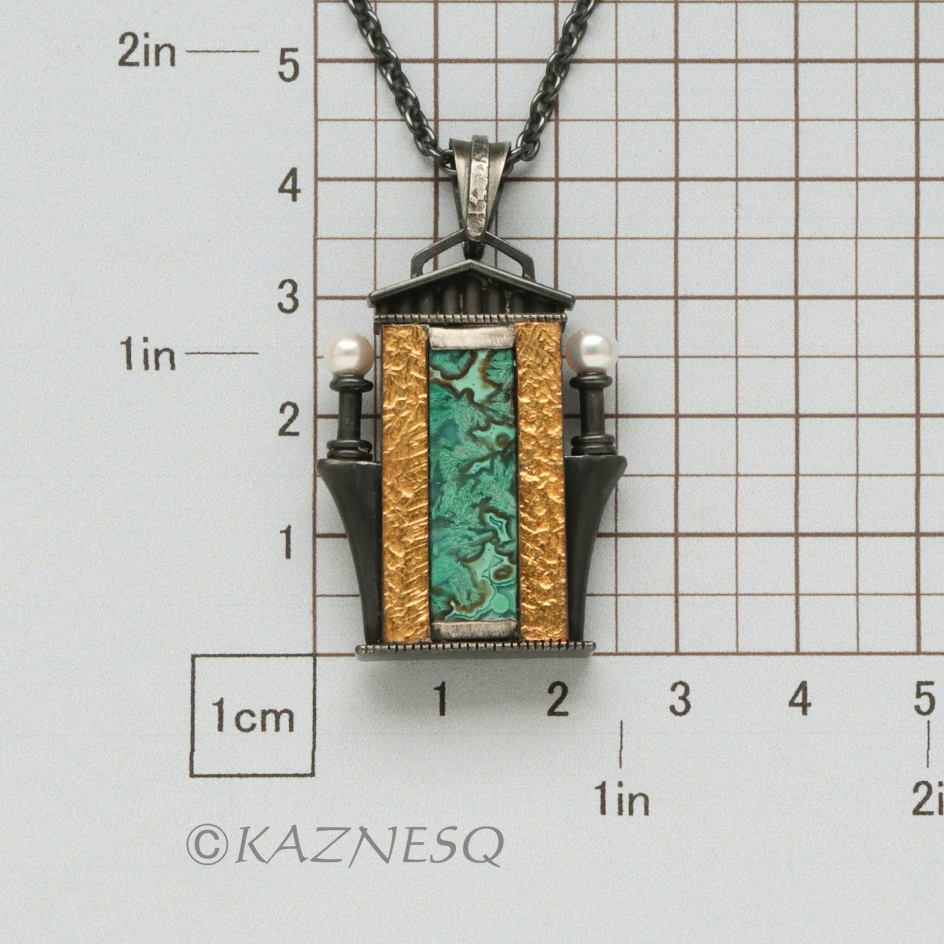 (C) KAZNESQ Green Lace Agate building facade Keum Boo oxidized silver pendant ne