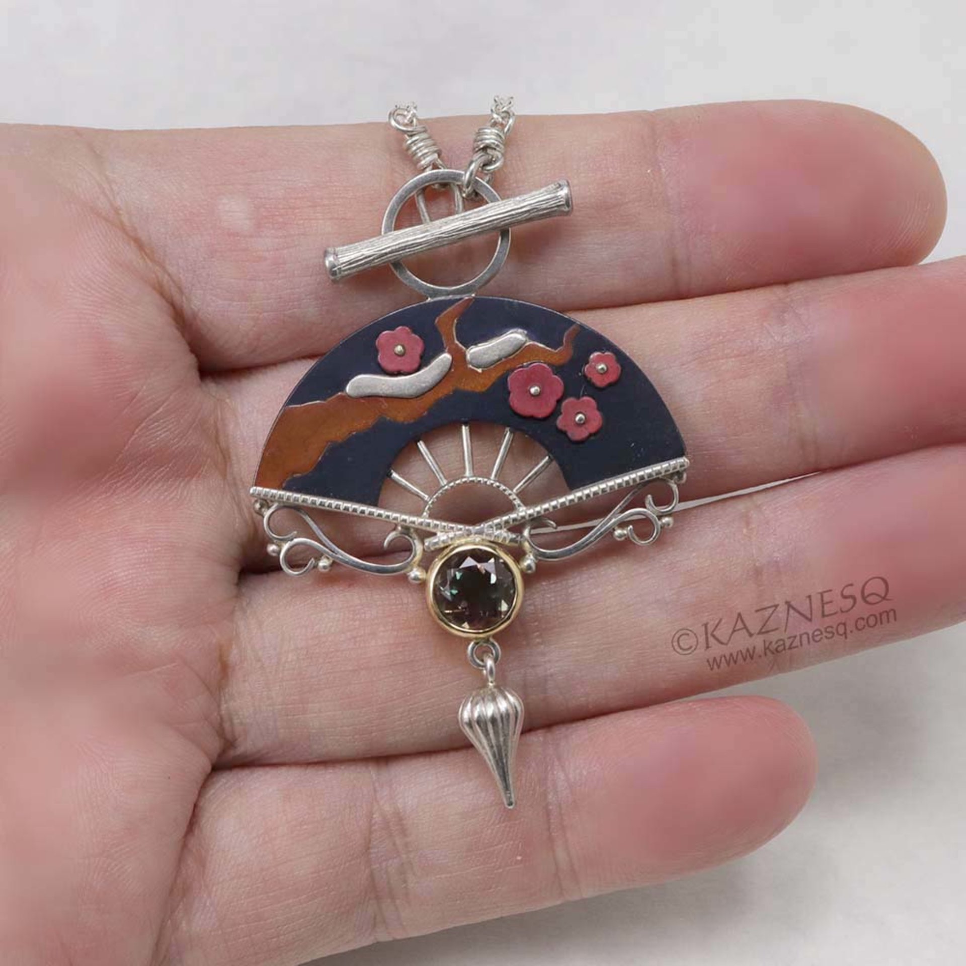 Tibetanite silver and shakudo Keum Boo necklace of plum blossom motif