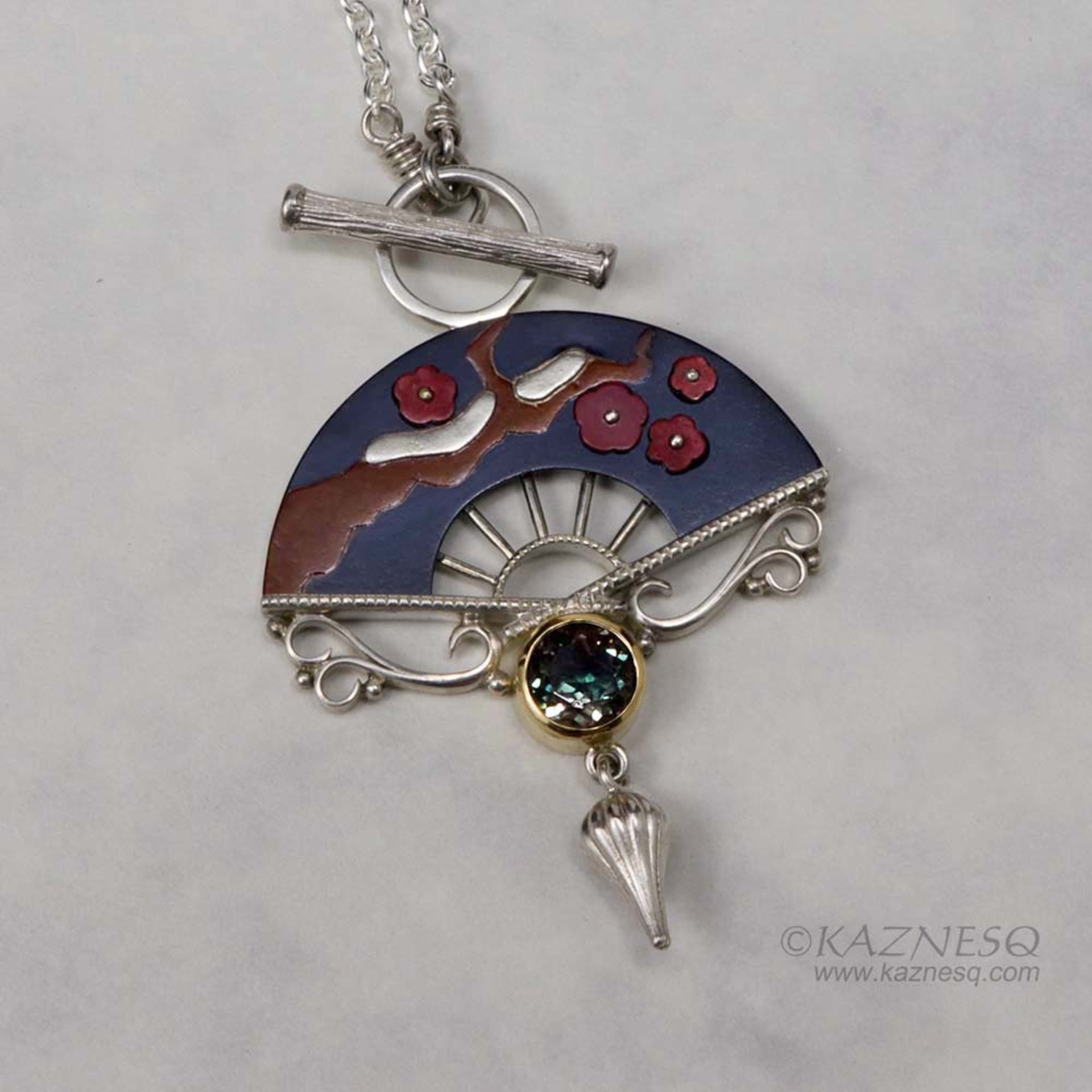 Tibetanite silver and shakudo Keum Boo necklace of plum blossom motif