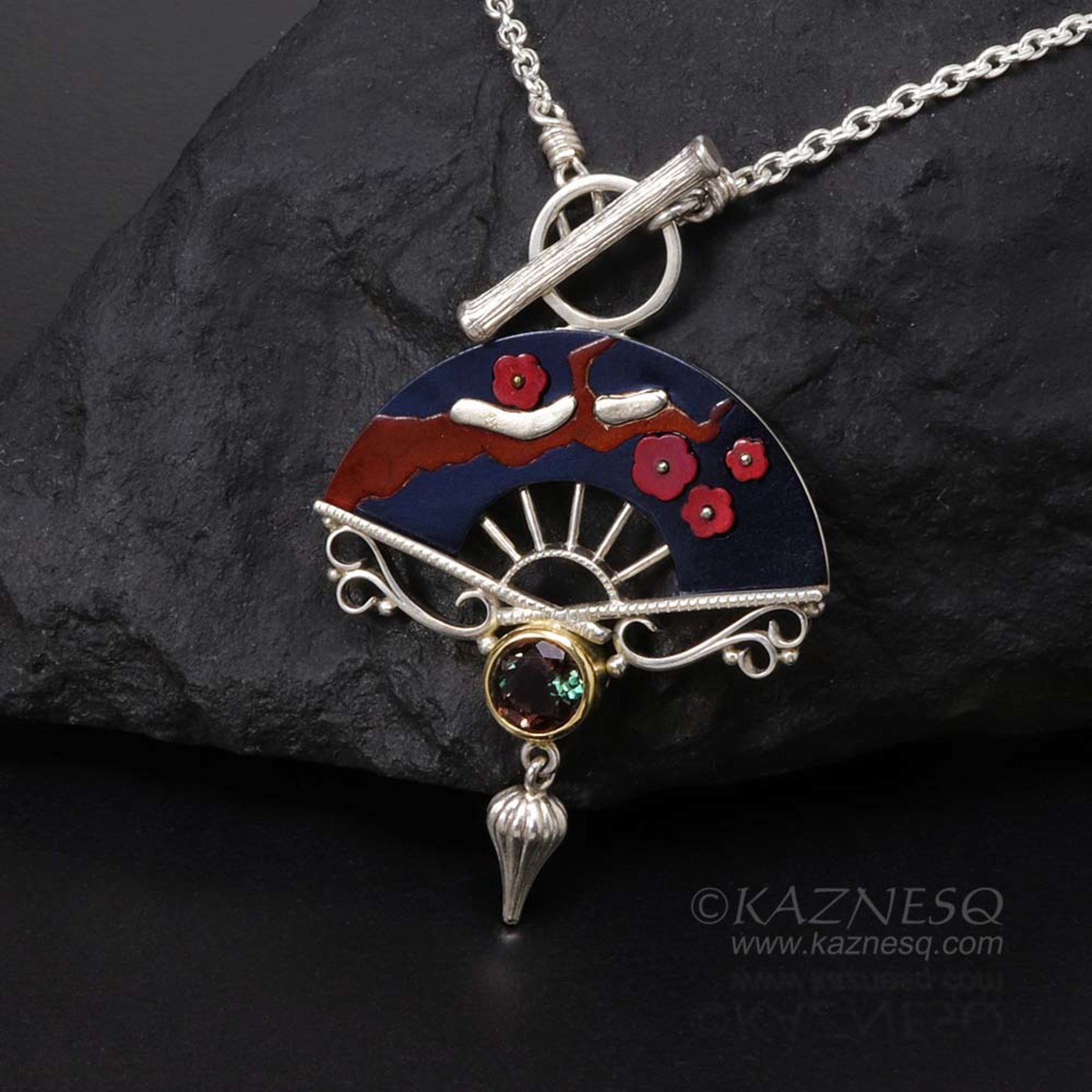 Tibetanite silver and shakudo Keum Boo necklace of plum blossom motif