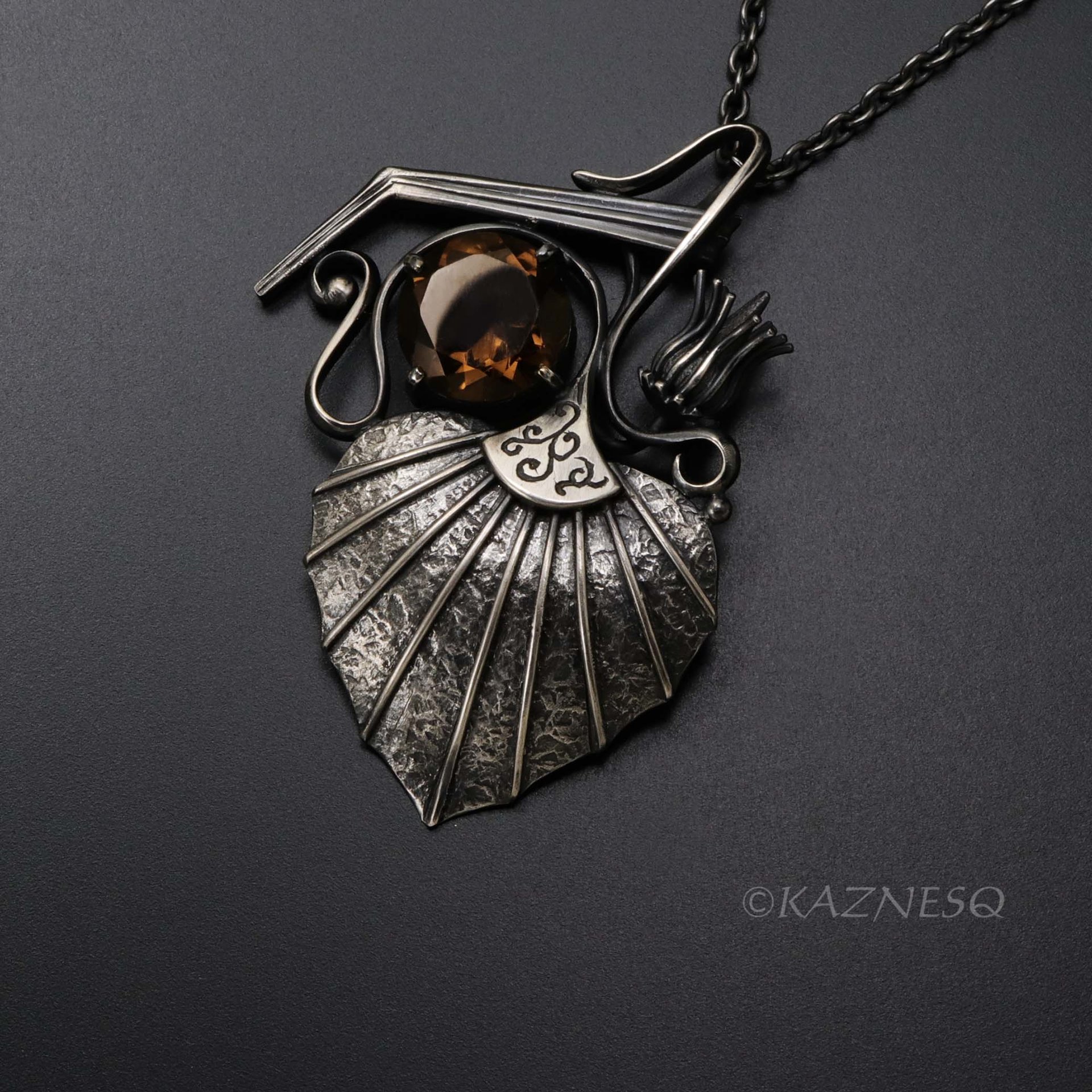 (C) KAZNESQ: Goth style Leaf and Bud motif Smoky Quartz Oxidized Silver Pendant