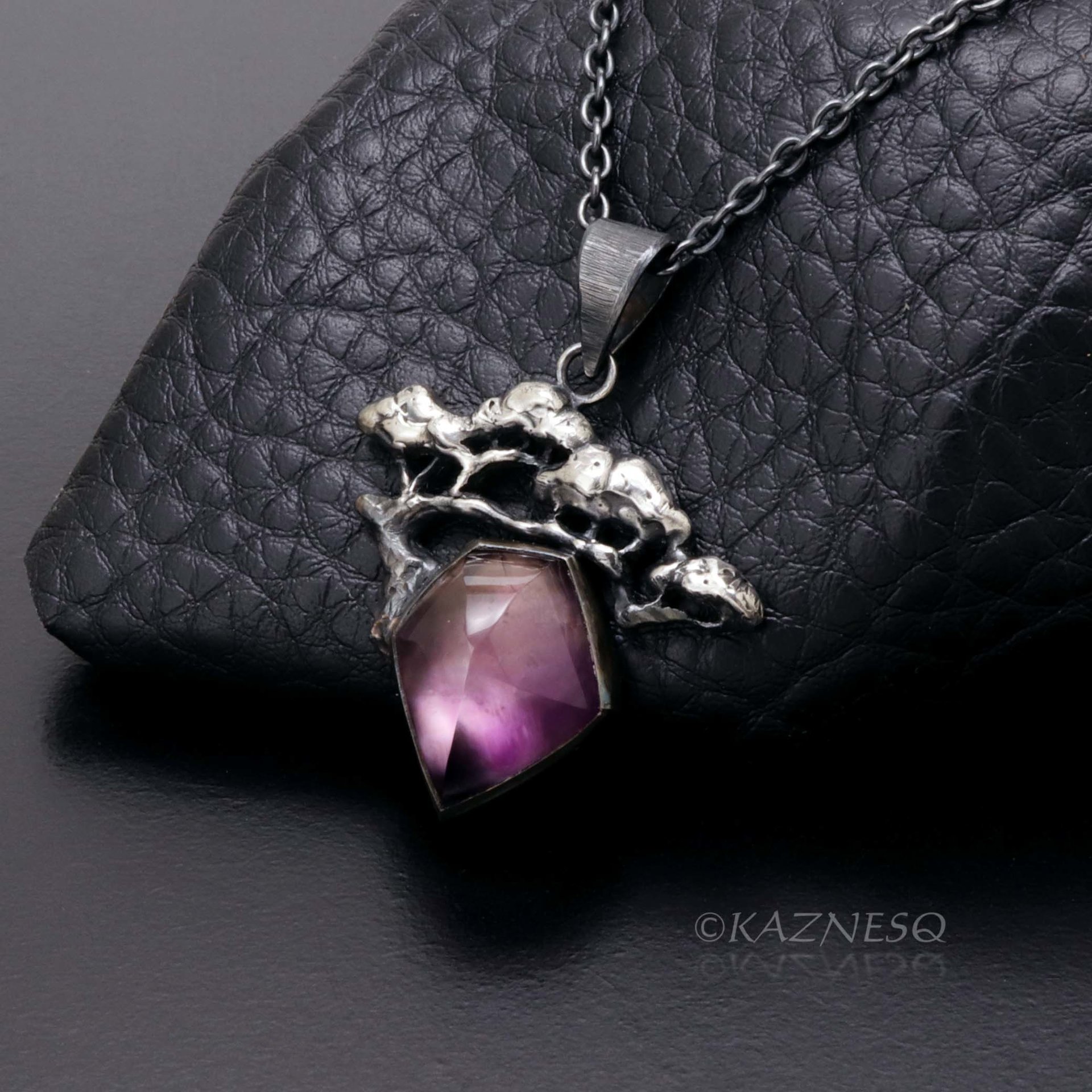 (C) KAZNESQ: Pine Tree Bonsai motif amethyst and MOP Oxidized Silver Pendant Nec