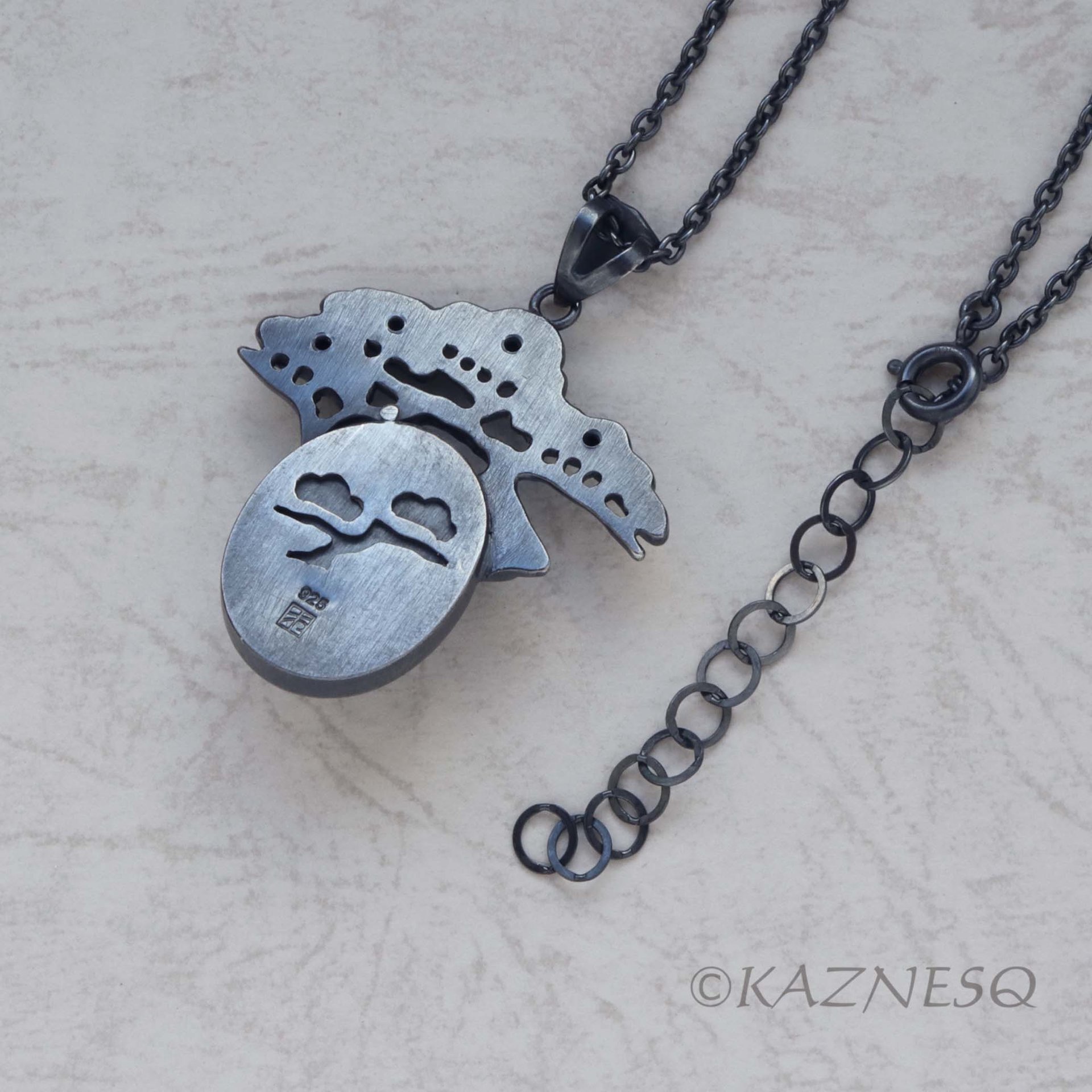 (C) KAZNESQ: Moss Agate Bonsai Pine Tree motif Oxidized Silver Pendant Necklace