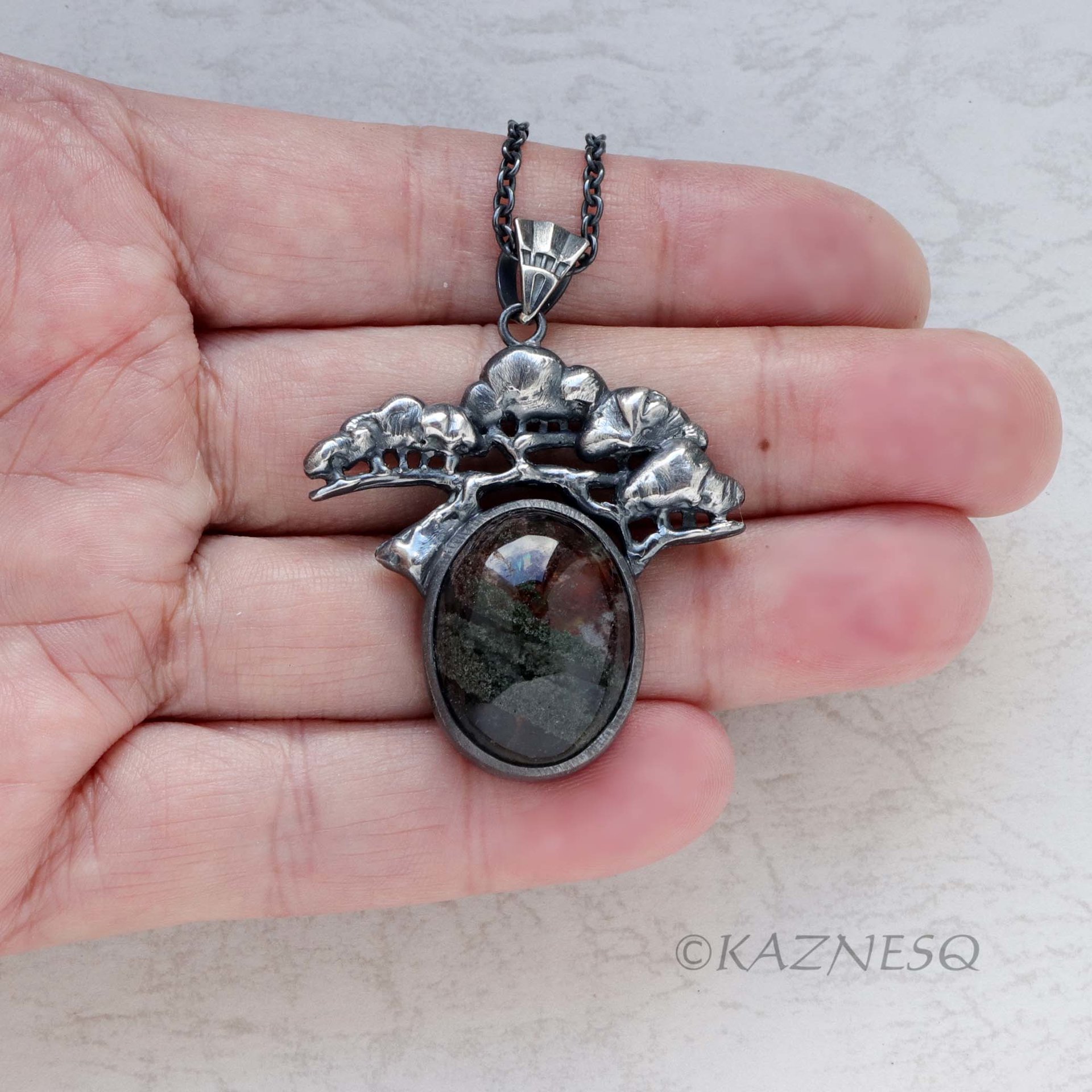 (C) KAZNESQ: Moss Agate Bonsai Pine Tree motif Oxidized Silver Pendant Necklace