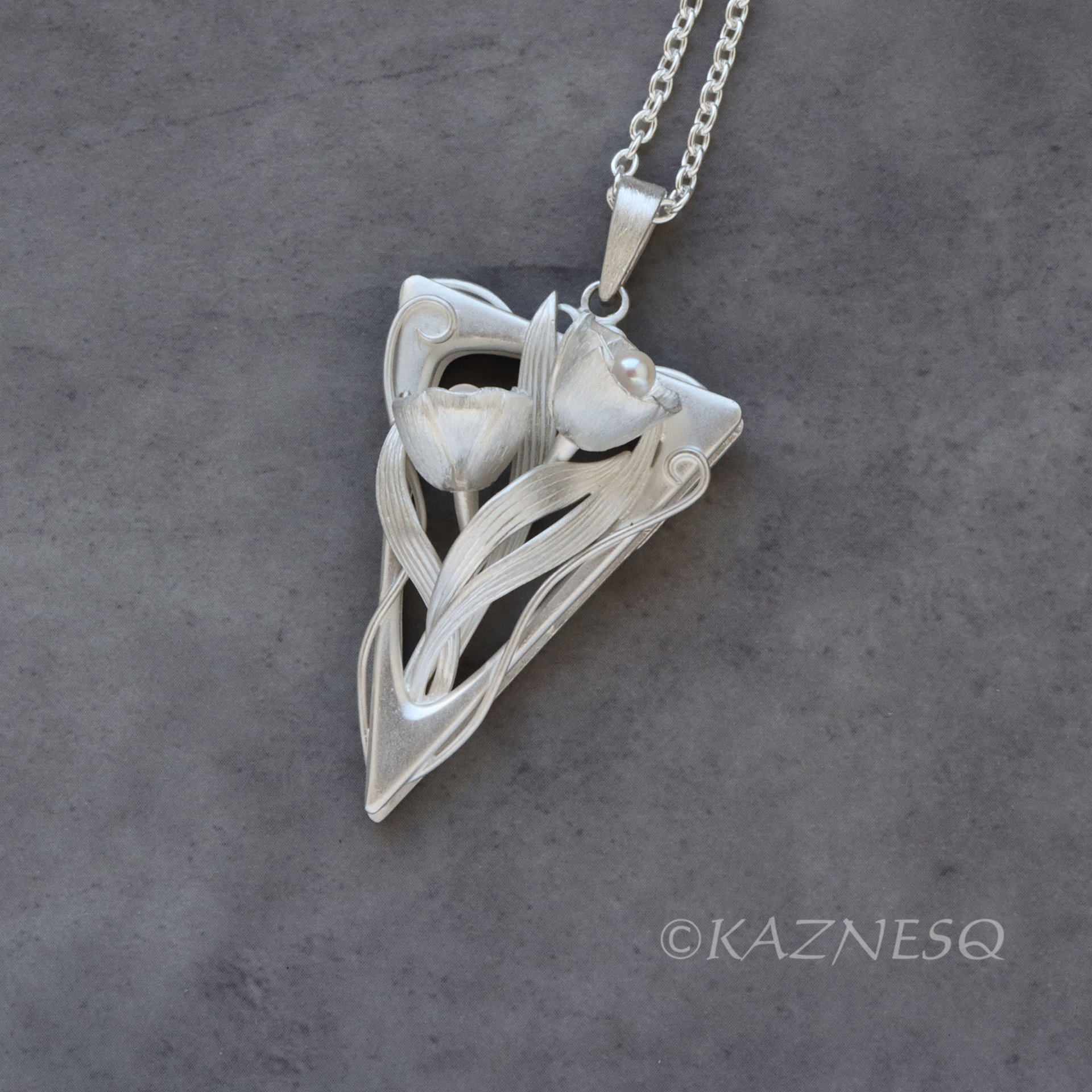 (C) KAZNESQ: Art Nouveau style Floral triangle silver pendant with Akoya Pearls.