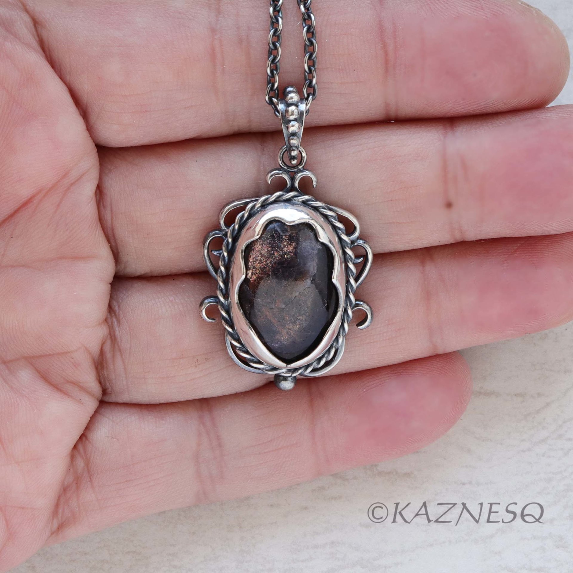 (C) KAZNESQ: Iolite Sunstone oxidized silver filigree and scrolls pendant neckla