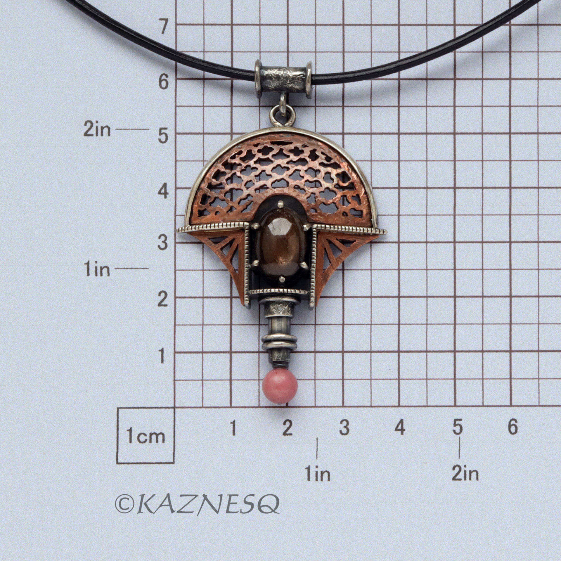 (C) KAZNESQ: Lucky Cloud pattern Copper and Oxidized Silver Pendant with a Black