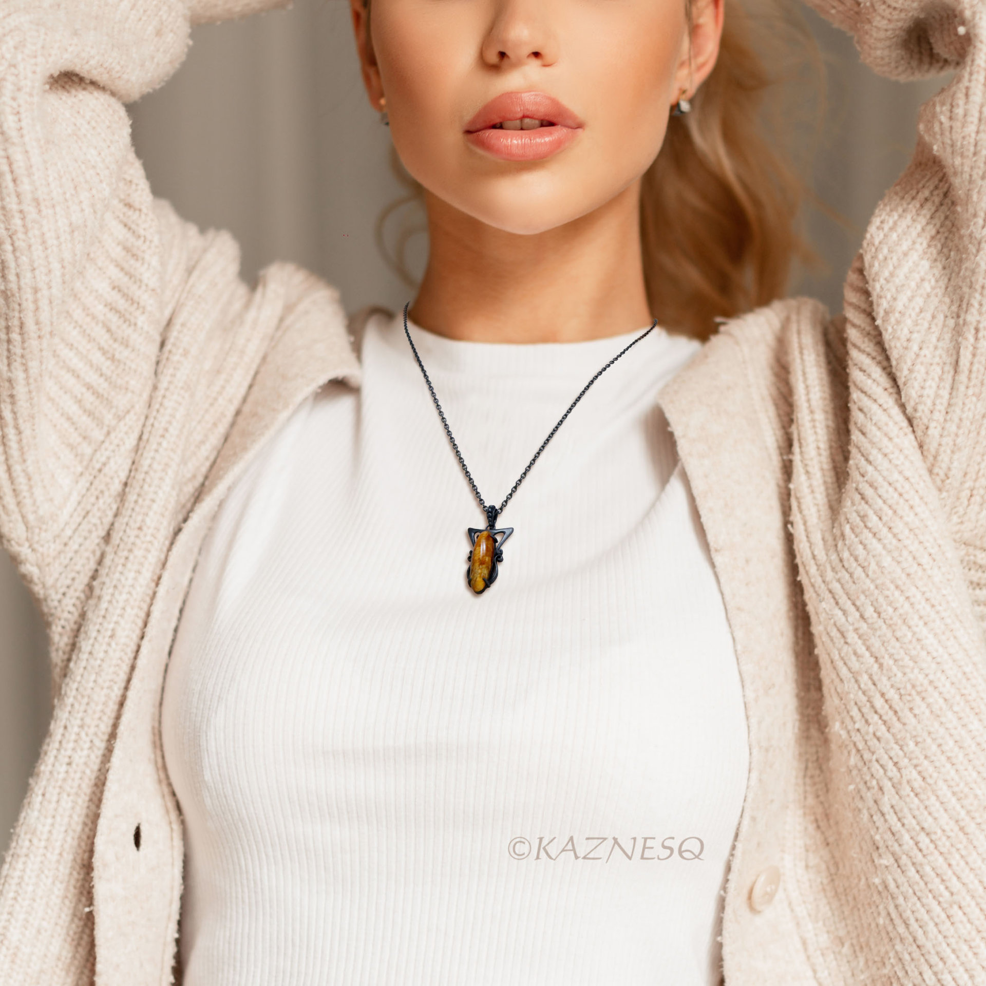 (C) KAZNESQ: Art Nouveau style Long Oval Rutilated Quartz oxidized silver pendan