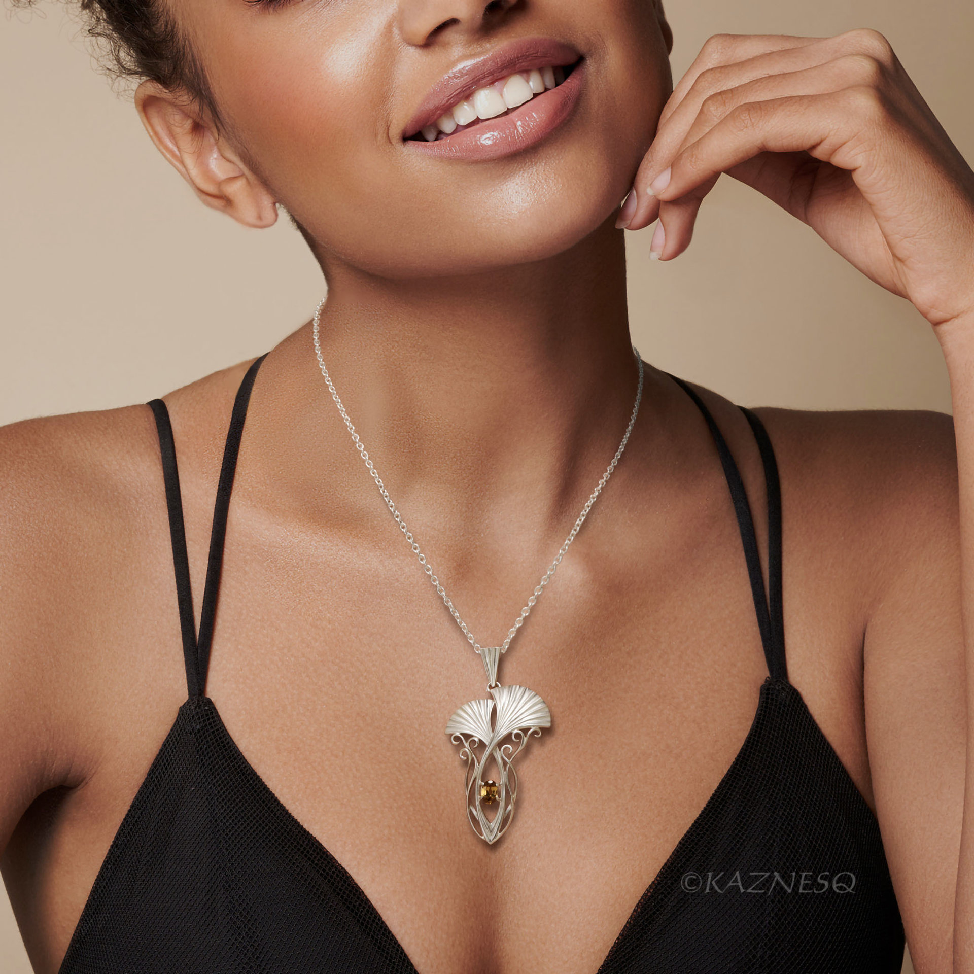 (C) KAZNESQ: Art Nouveau style Ginkgo Leaves Silver pendant necklace with Natura