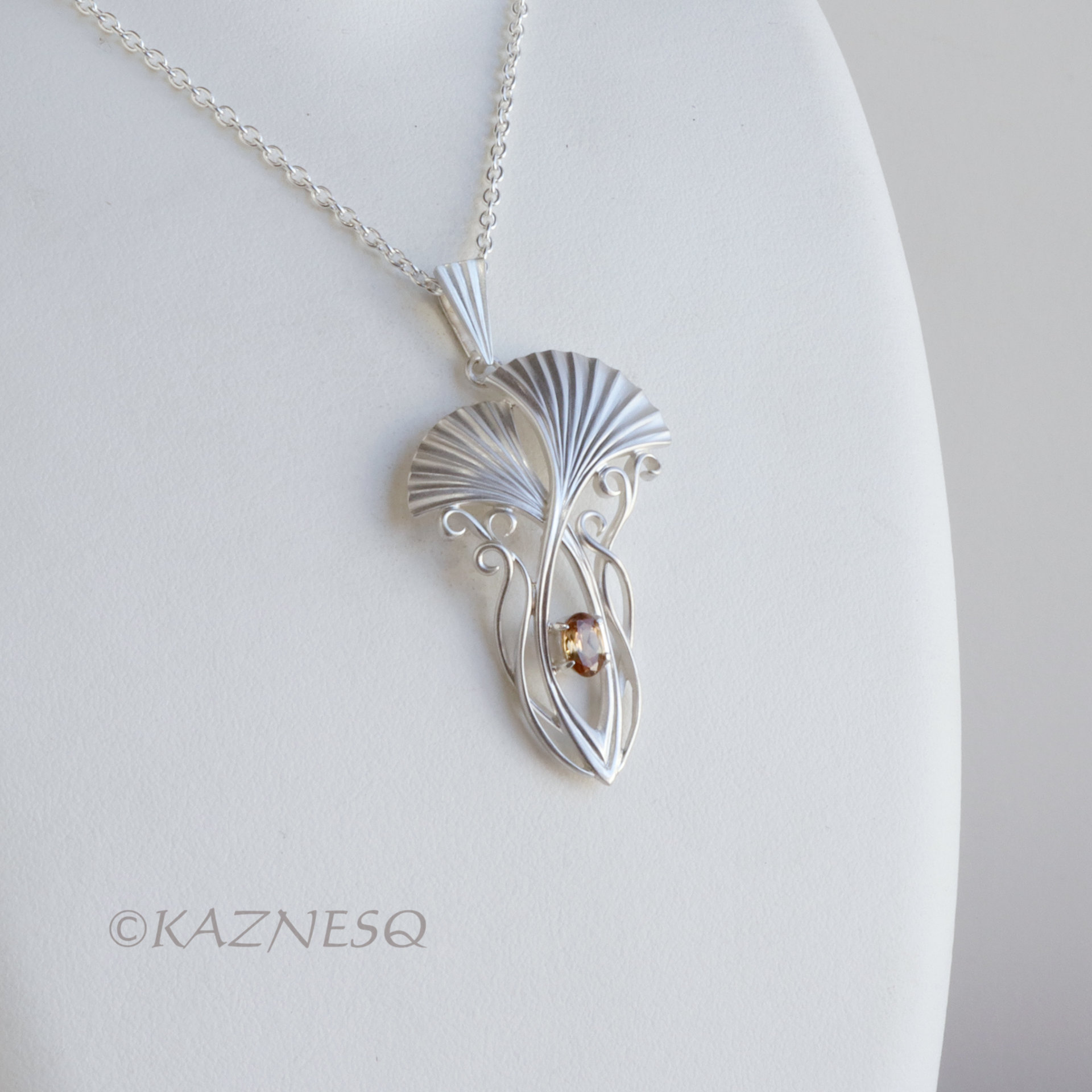 (C) KAZNESQ: Art Nouveau style Ginkgo Leaves Silver pendant necklace with Natura