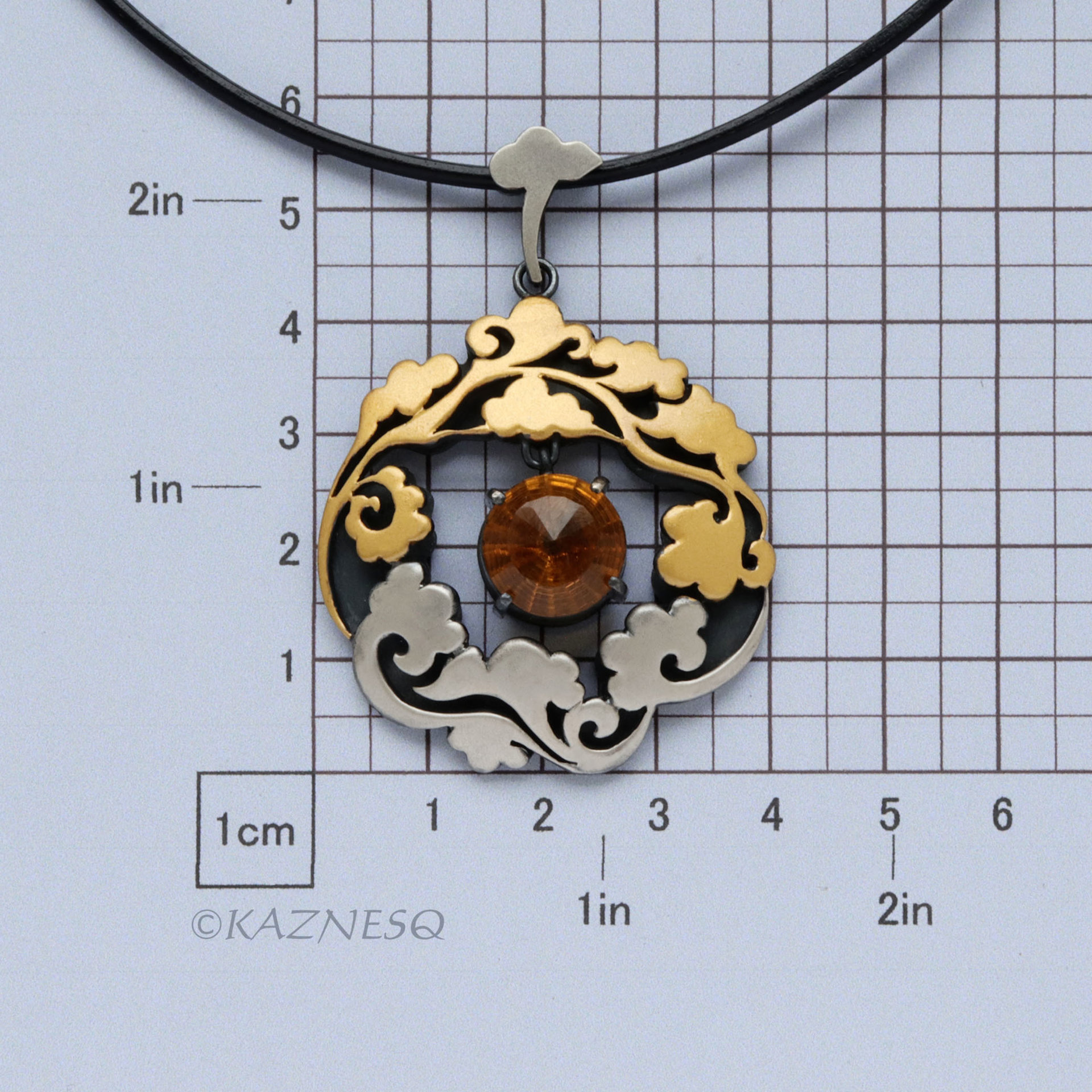 Asian Happy Cloud motif Keum Boo pendant of silver and citrine
