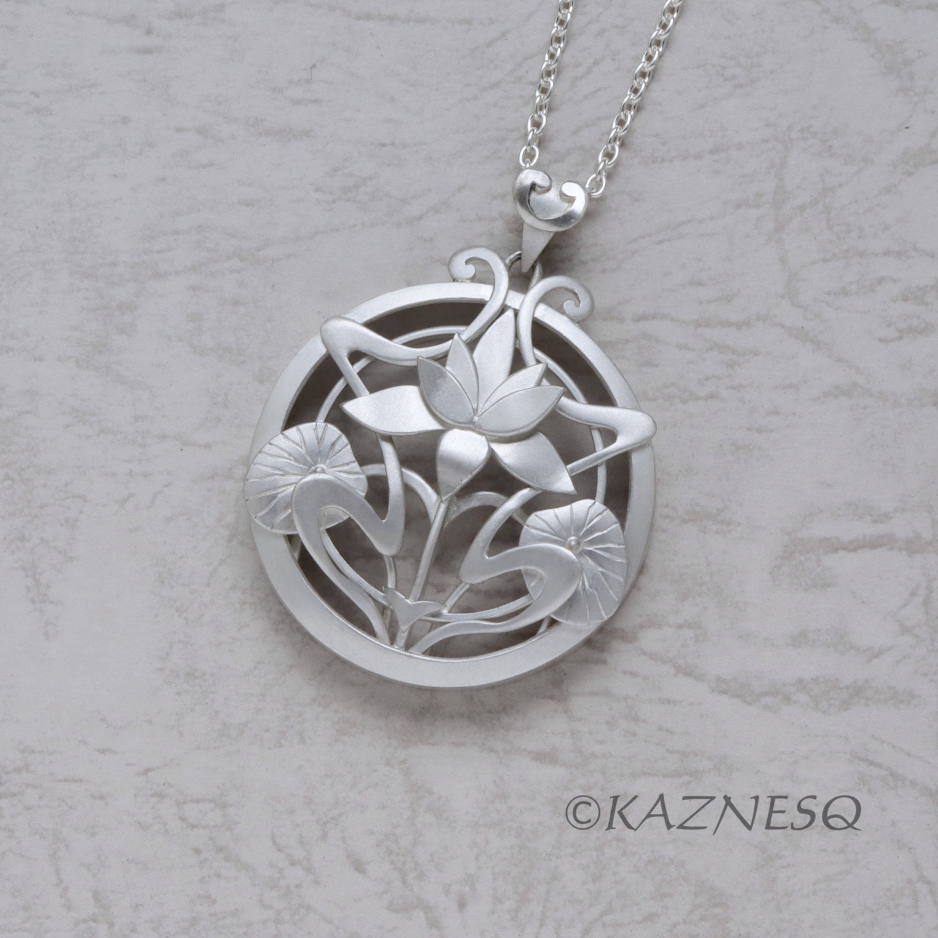 (C) KAZNESQ: Art Nouveau style Lotus Flower Matte Silver pendant Necklace