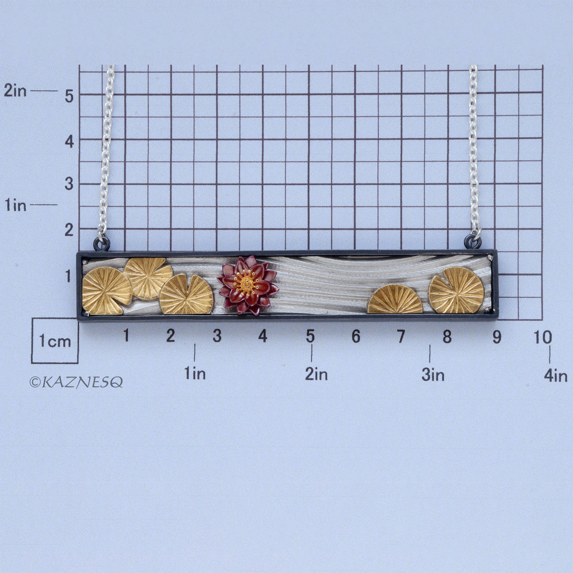 Water Lily and Water Pattern Rectangle Necklace with Keum Boo and Red Patina Copper