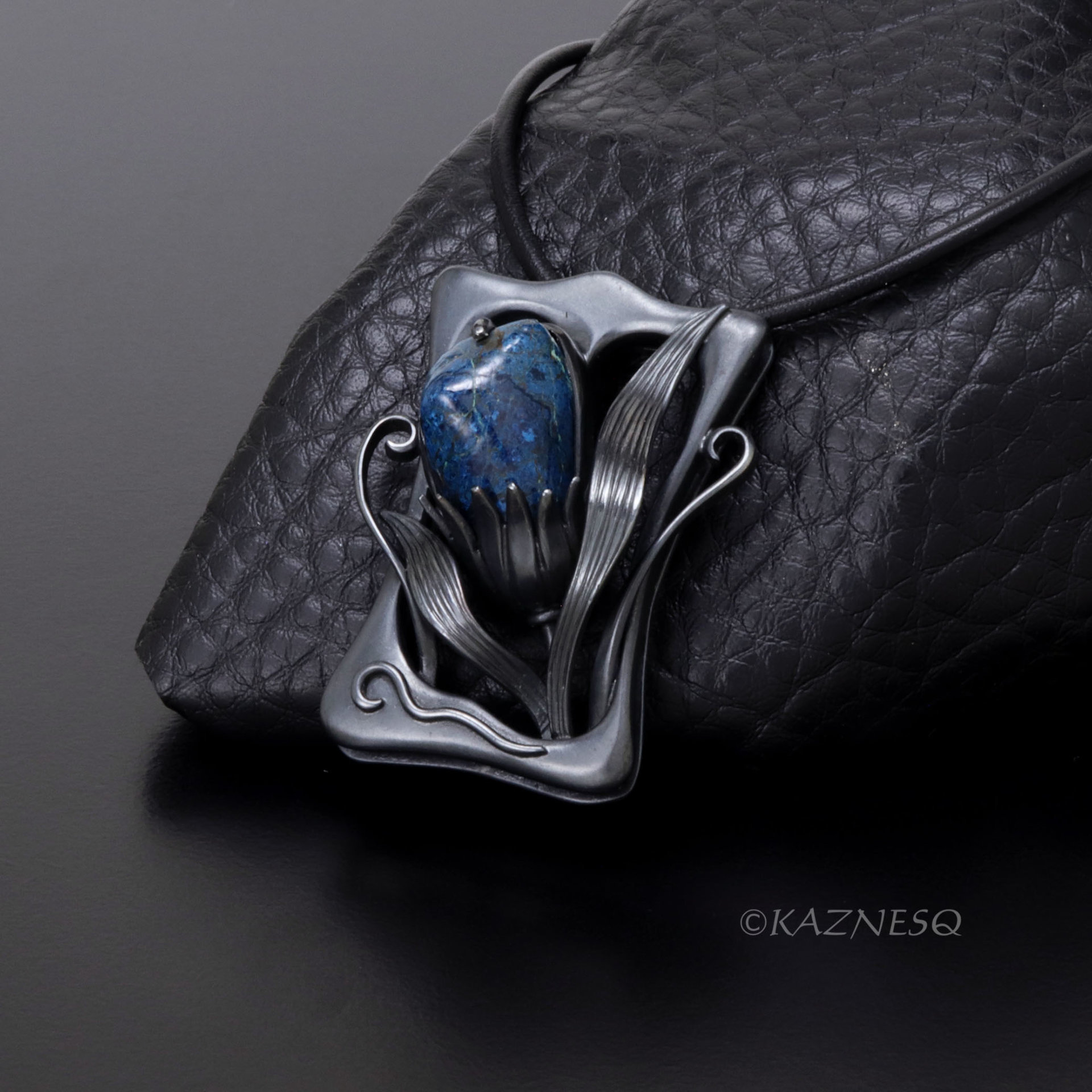 Art Nouveau style Shattuckite Oxidized Silver Floral Pendant Necklace