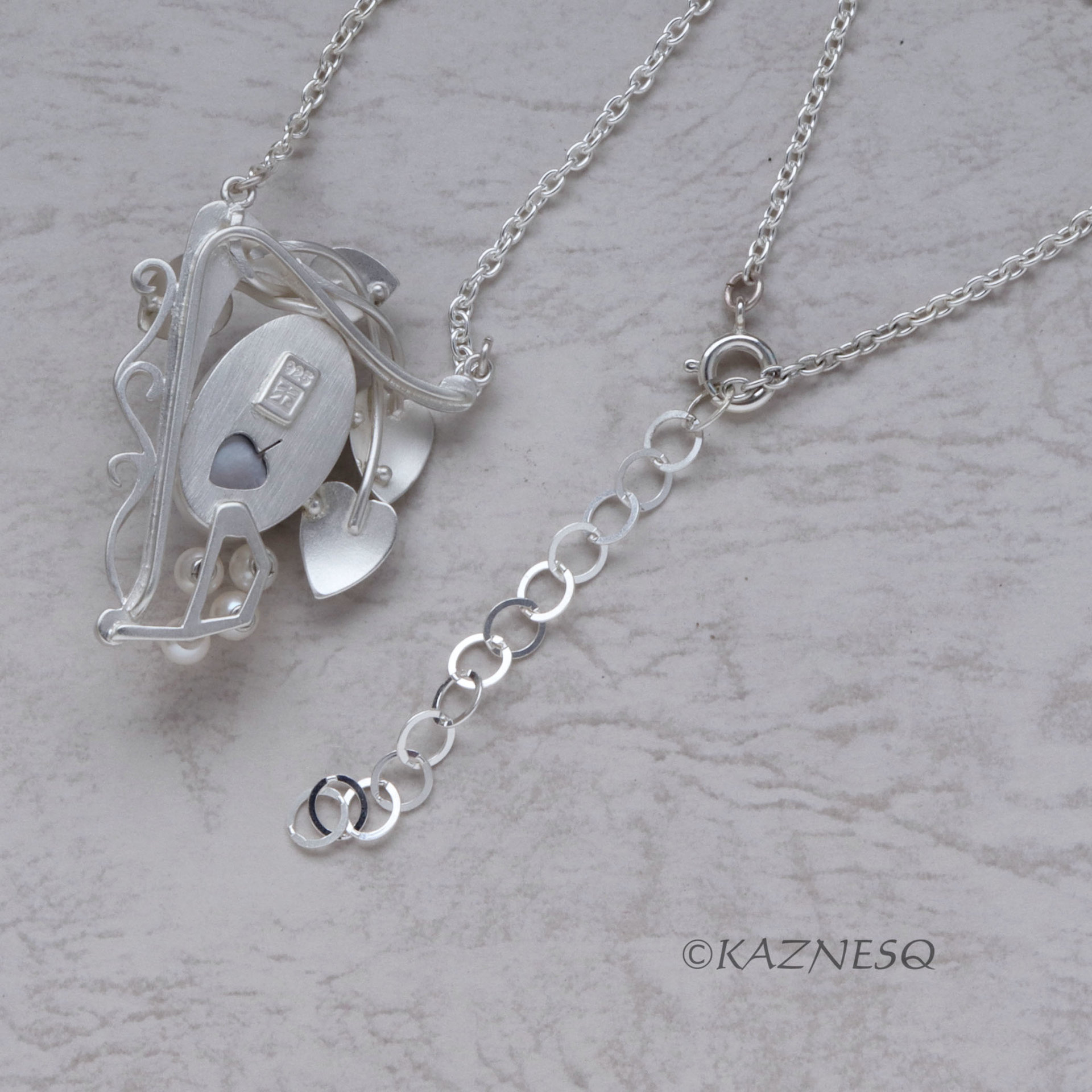 Citrine + Mother of Pearl leaf motif Art nouveau matte silver pendant necklace