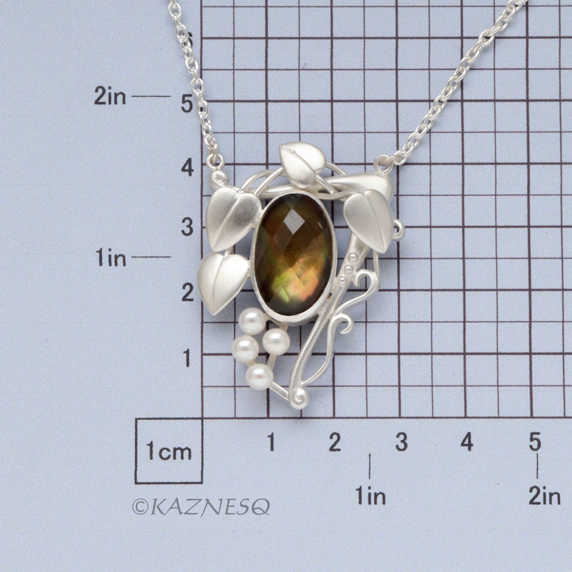 Citrine + Mother of Pearl leaf motif Art nouveau matte silver pendant necklace