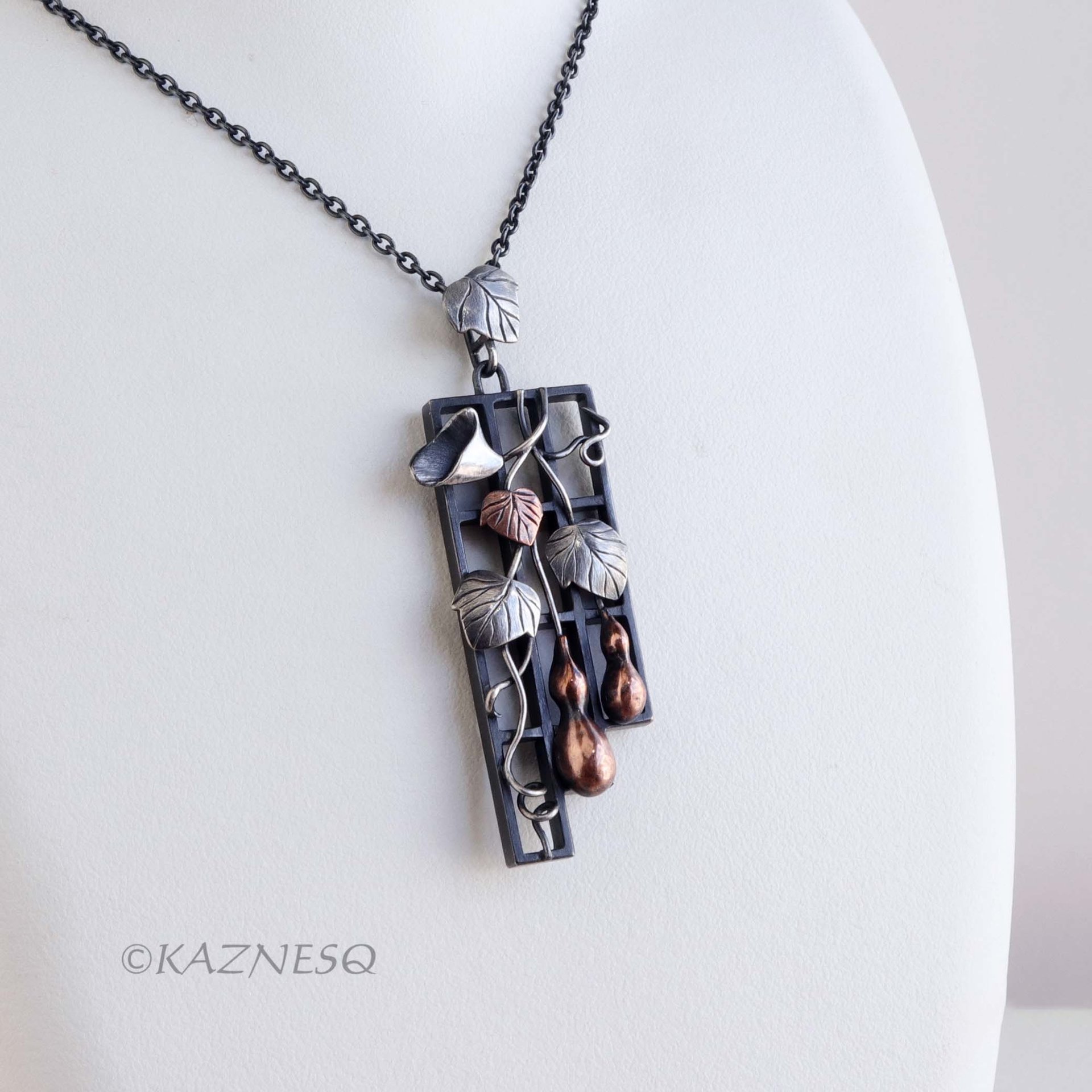 Gourd motif silver and copper leaf pendant necklace wabi sabi.