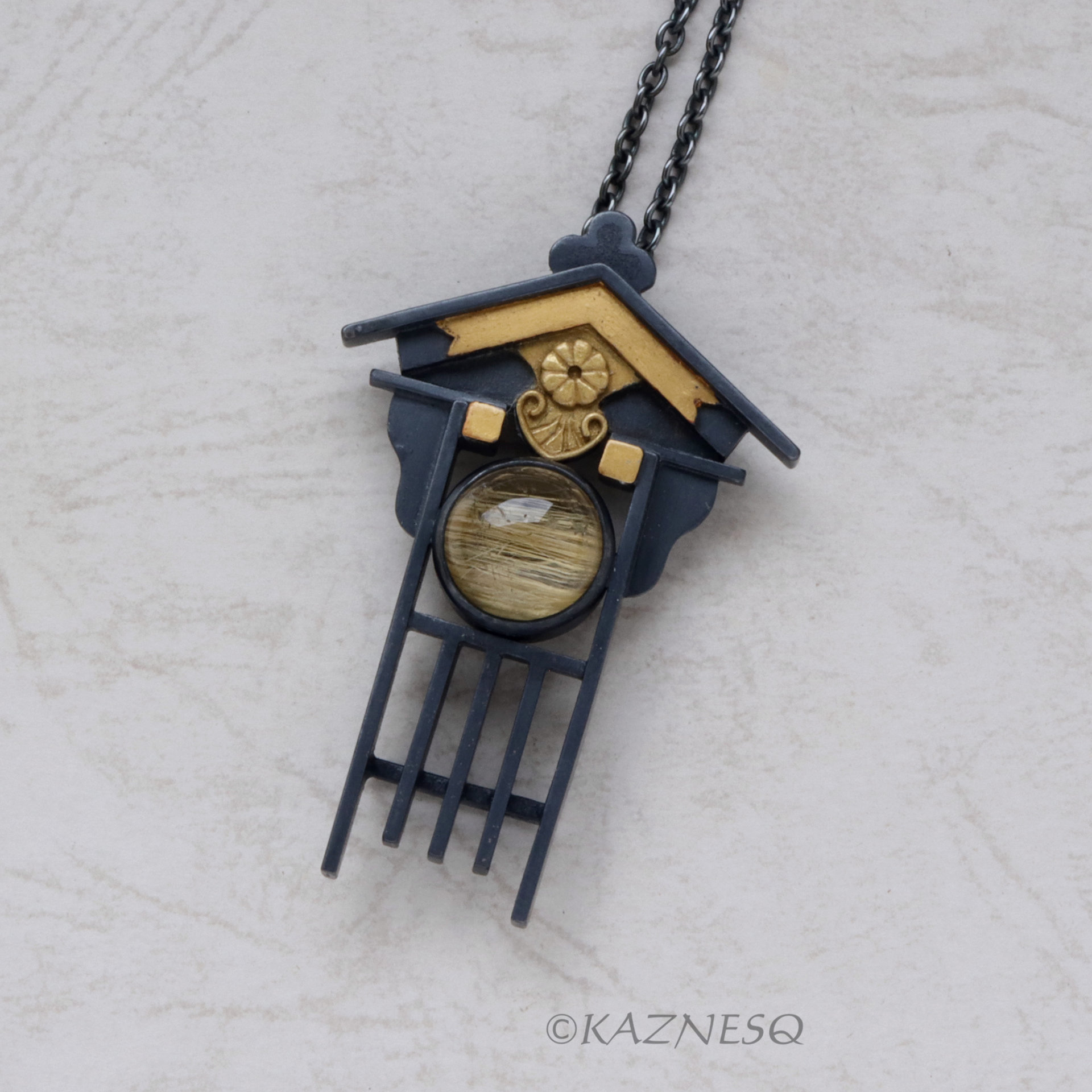 Japanese Traditional facade motif Oxidized Silver Pendant Necklace with Rutilated Quartz