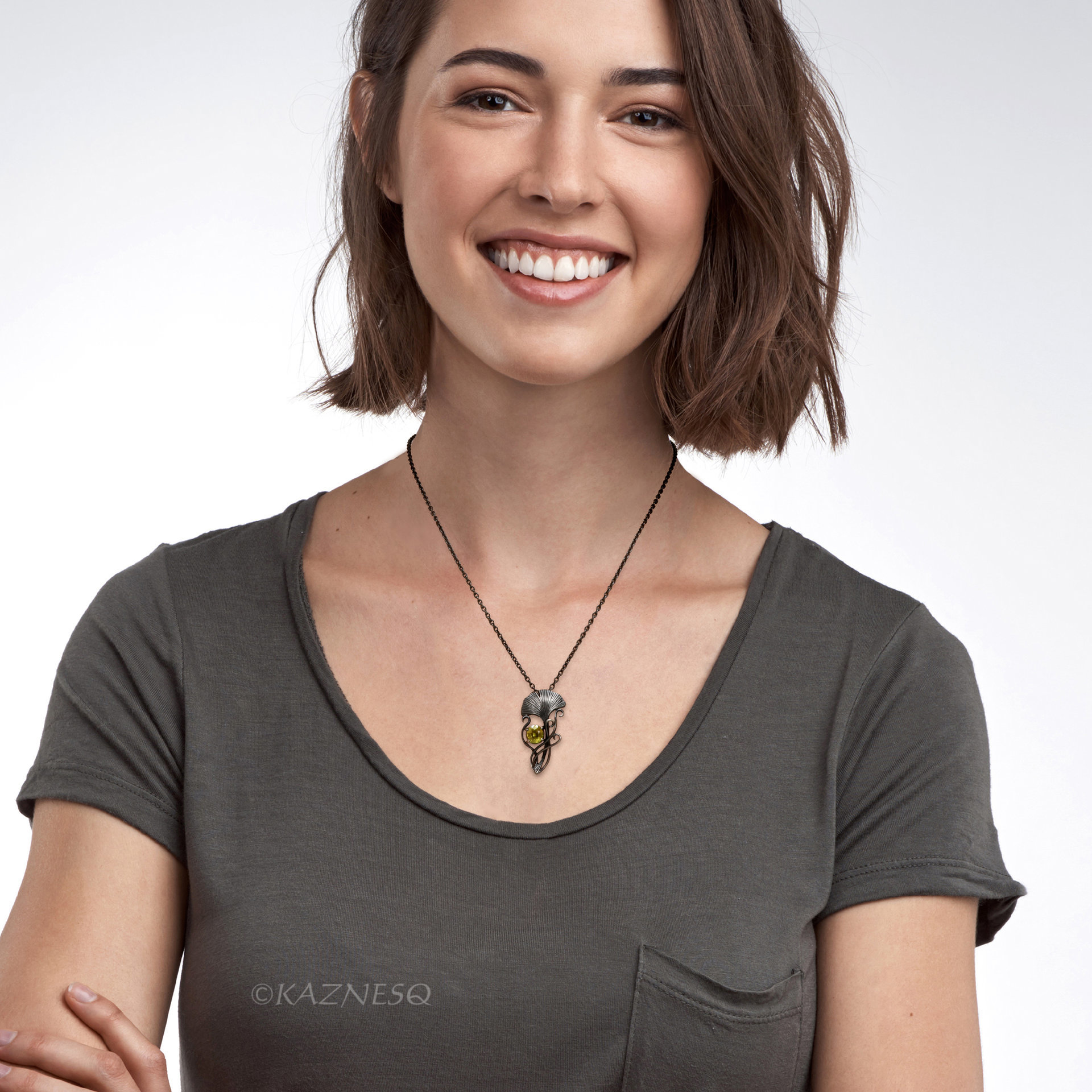 Art Nouveau style Ginkgo motif Oxidized Silver Oval Sphene Pendant Necklace