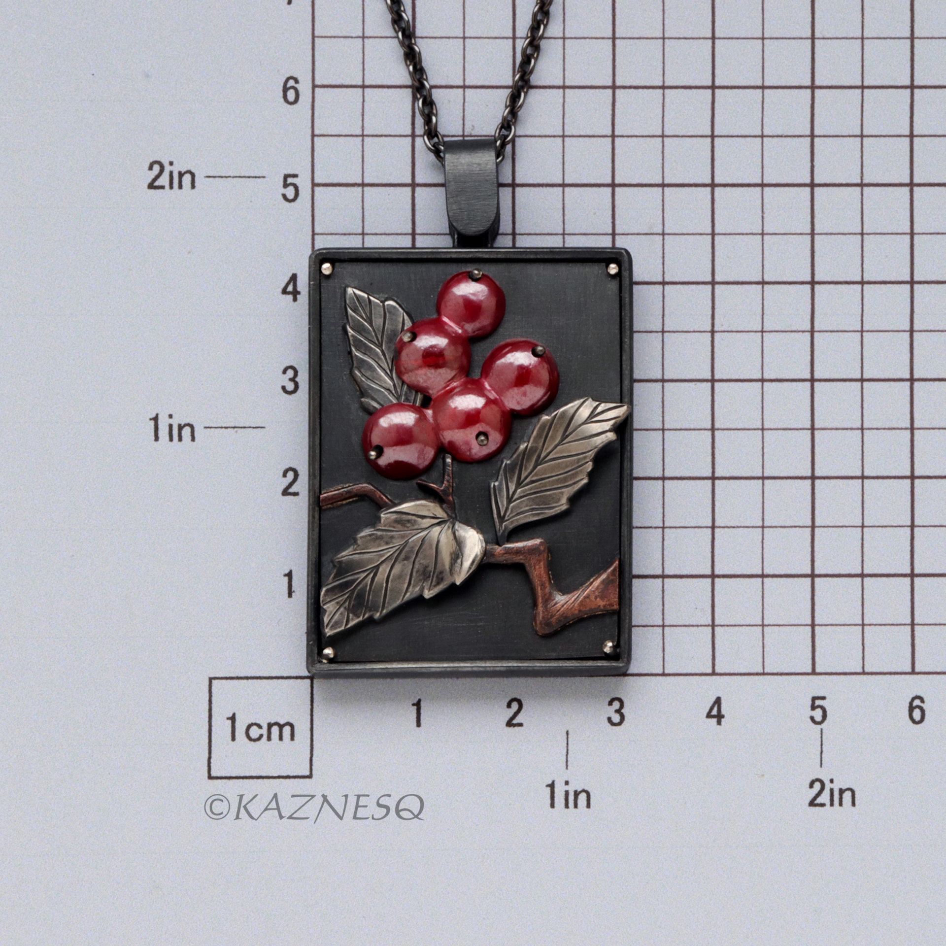 Red Berries and leaves Japanese Patina Oxidized Silver Rectangle Pendant Necklace