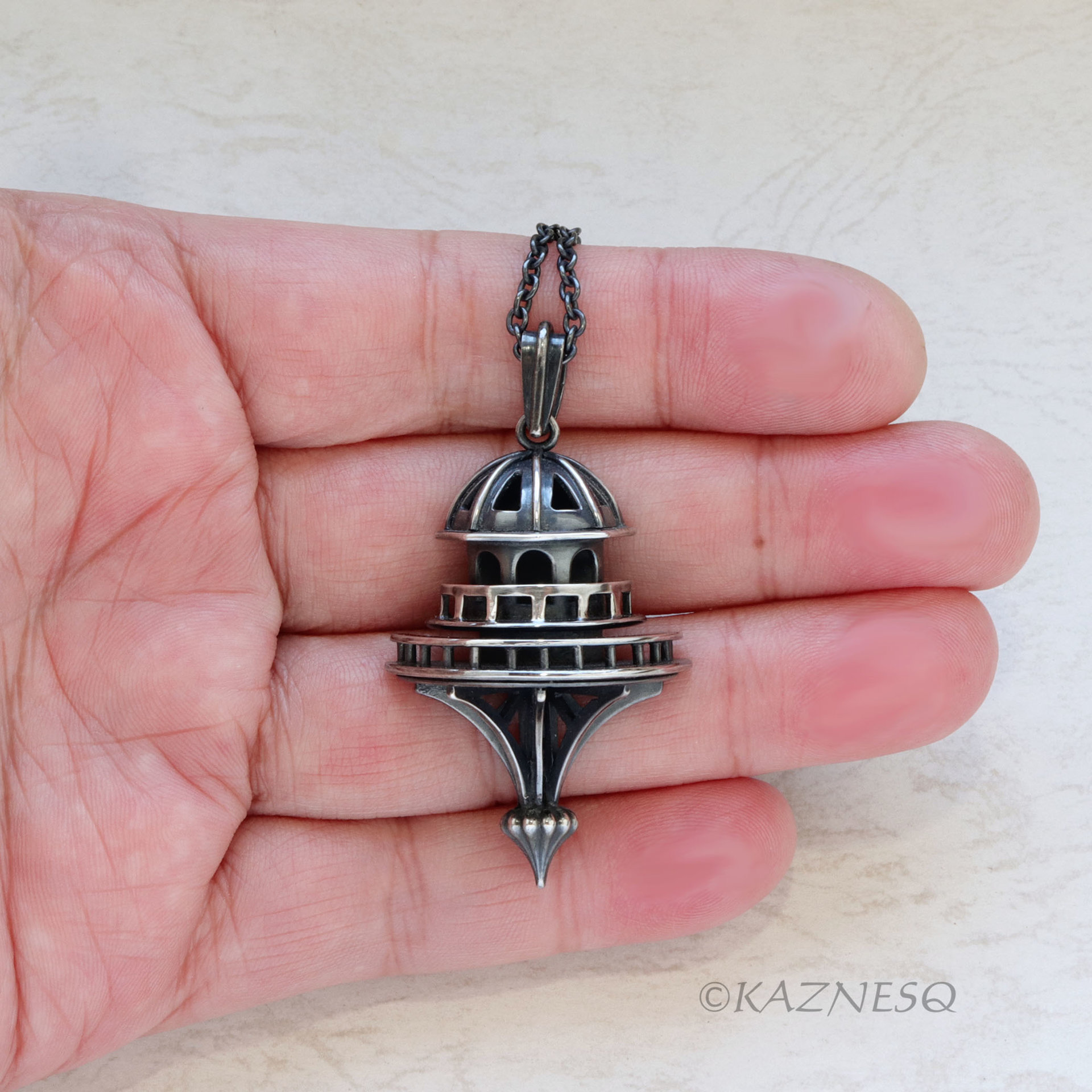 Domed Architecture motif Oxidized Silver Pendant Necklace