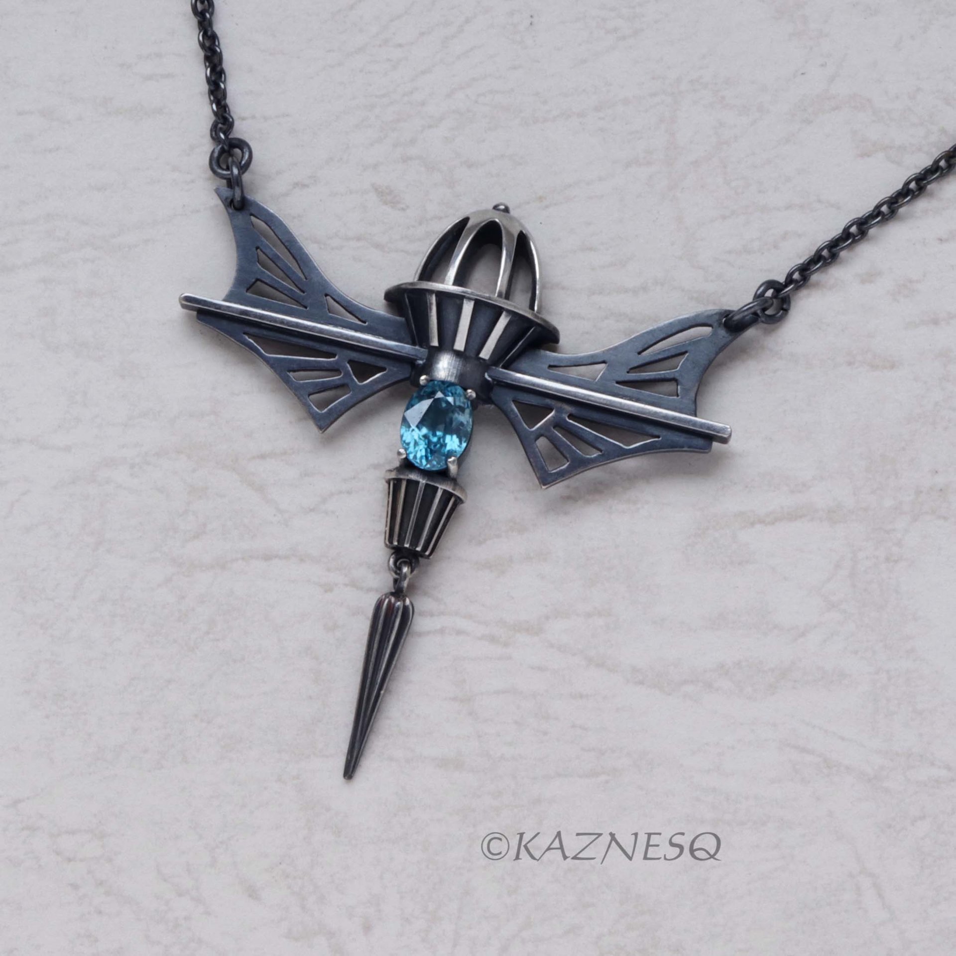 19th Century Romance! Mechanical Design Silver Necklace Inspired by Wings and Domes, with Blue Zircon
