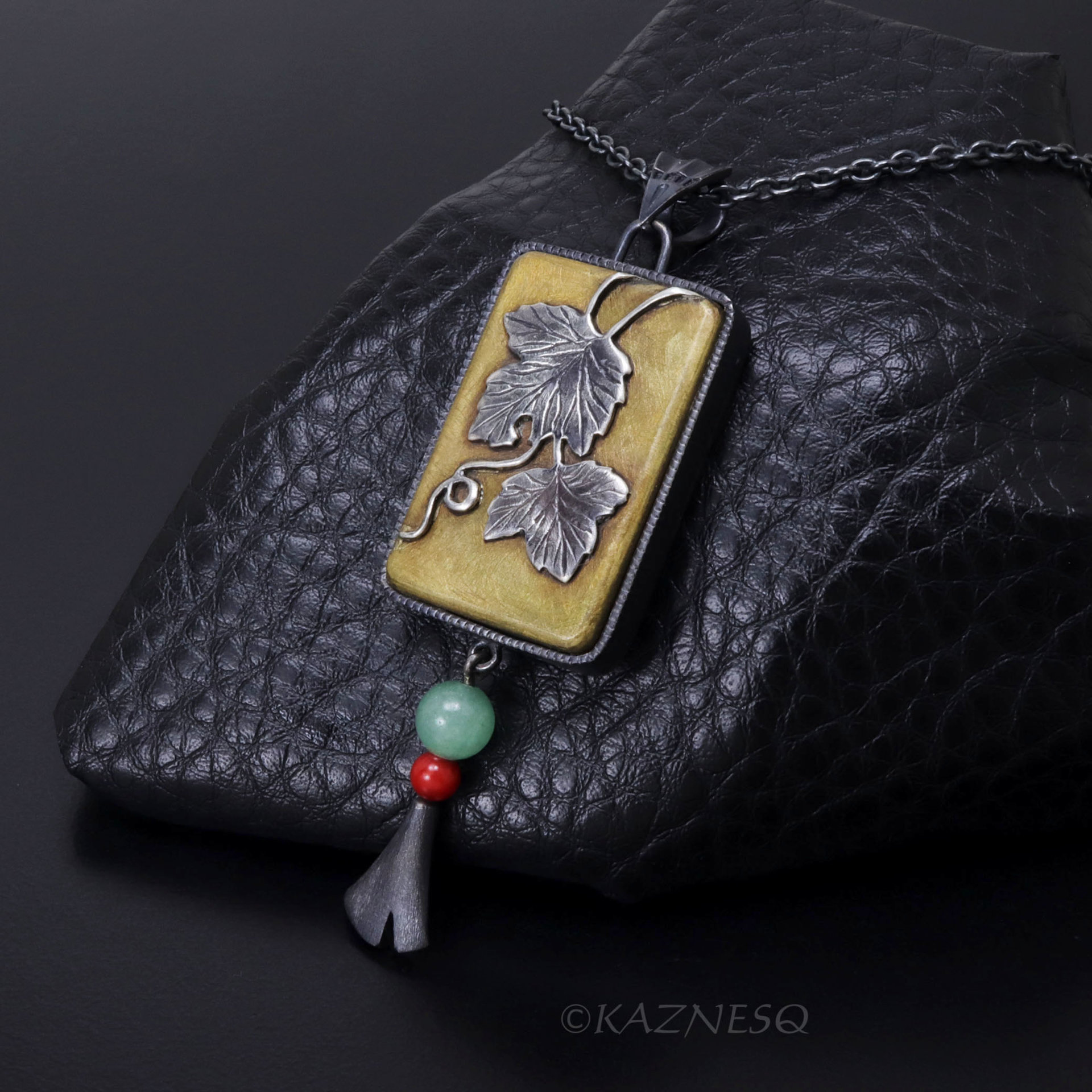 Wabi-Sabi Leaf Pendant: Oxidized Silver and toned brass by Japanese Iroage Patina