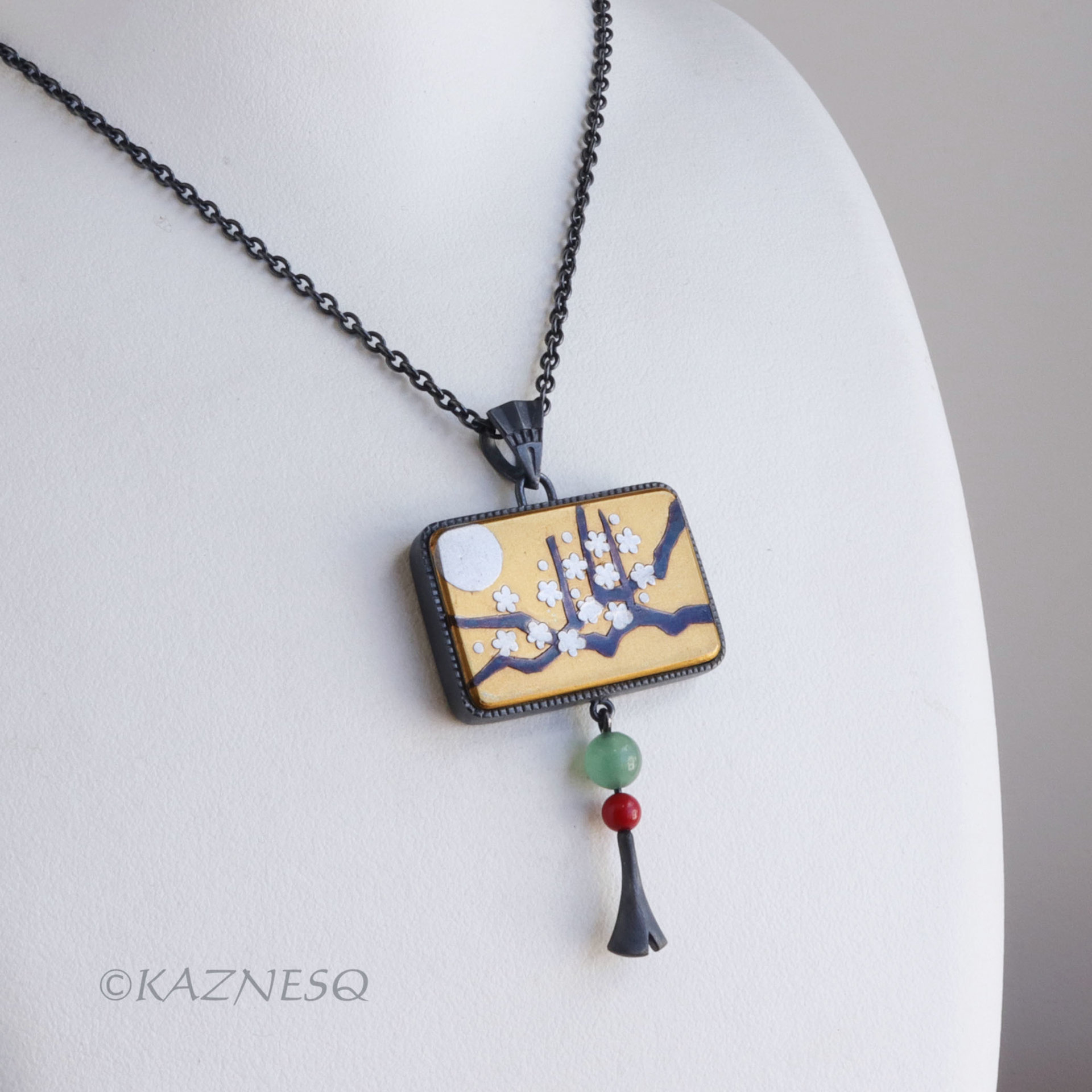 SOLD: Japanese aesthetic : Gold Keum Boo Plum Blossoms Art Oxidized Silver Pendant