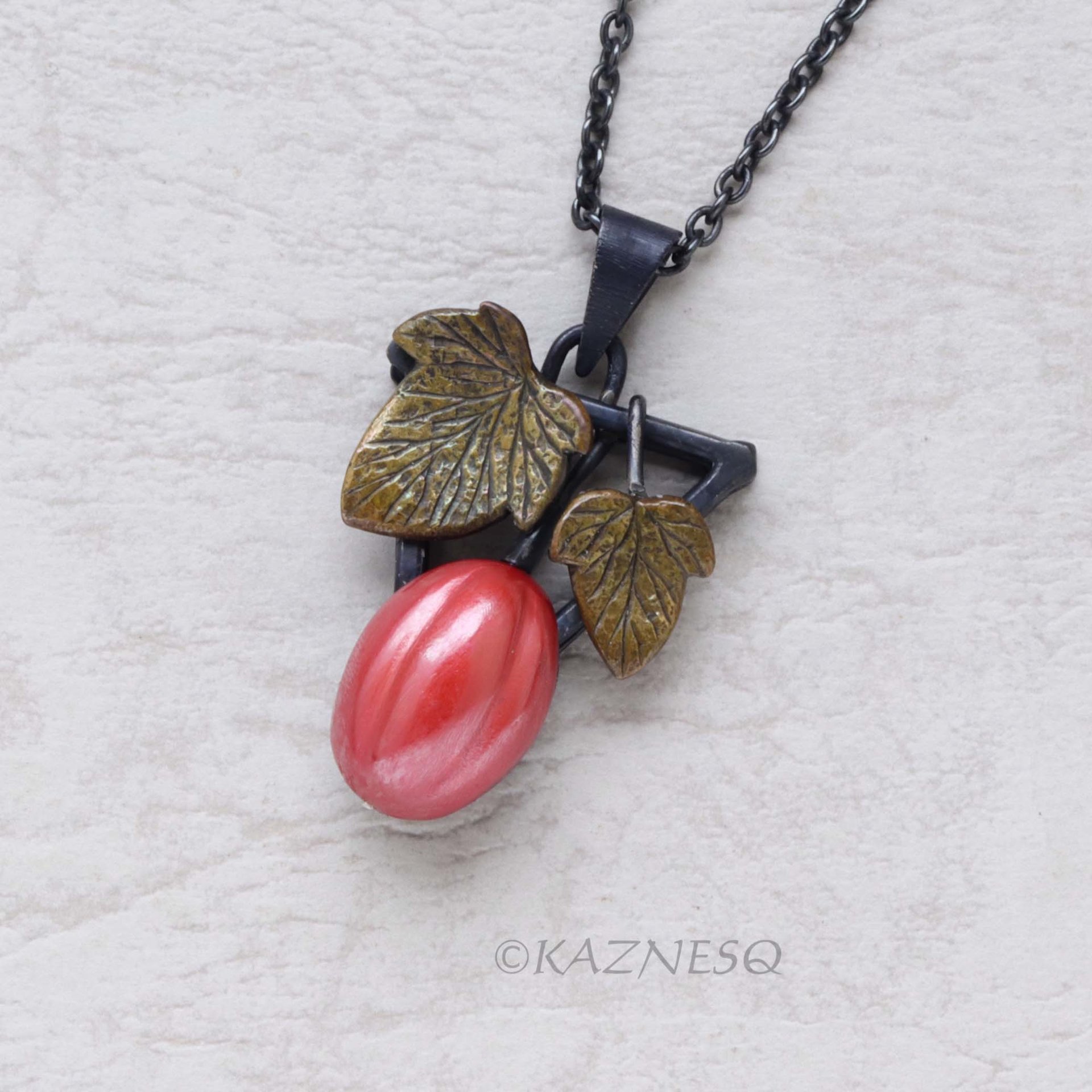 Art Piece! Japanese Patina Red Fruit Pendant - Hido Copper & Iroage Brass Art Jewelry