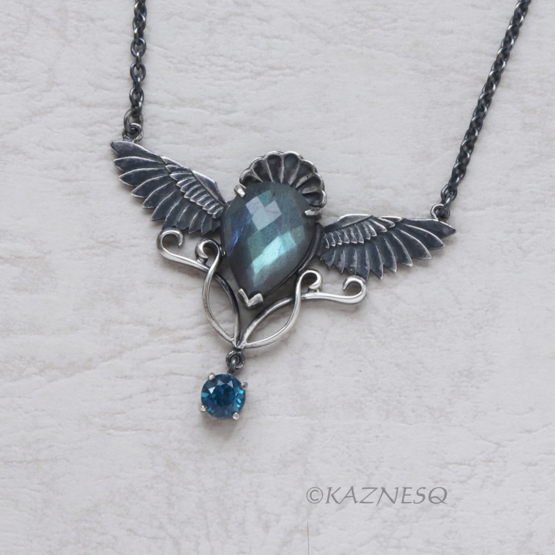 Dance of Green and Blue: Wings design Green Labradorite and London Blue Topaz Oxidized Silver Necklace