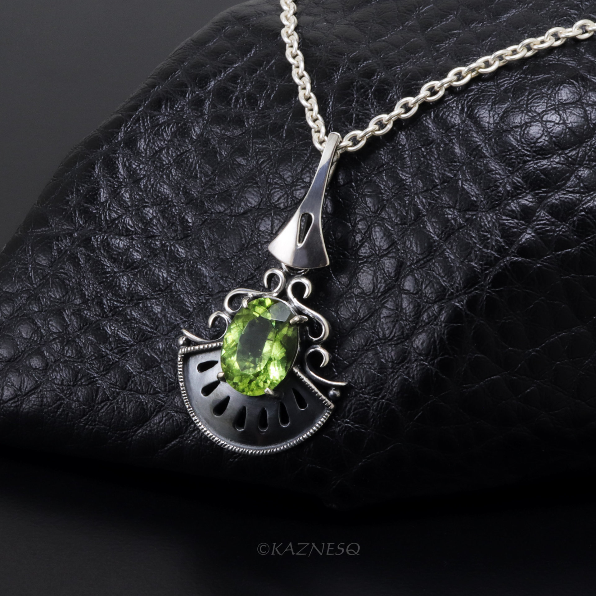 Add Green to your Casual Outfits! : Rutilated Peridot Art Deco inspired Oxidized Silver Pendant Necklace