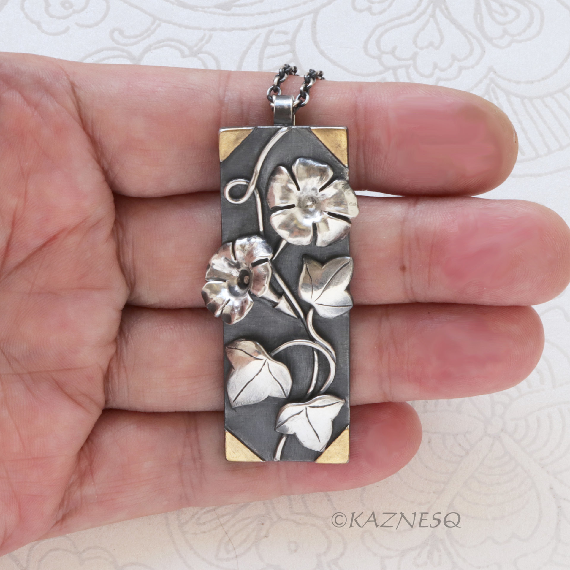 Morning glory Rectangle Art Pendant of Oxidized Silver and Fine Gold Foil