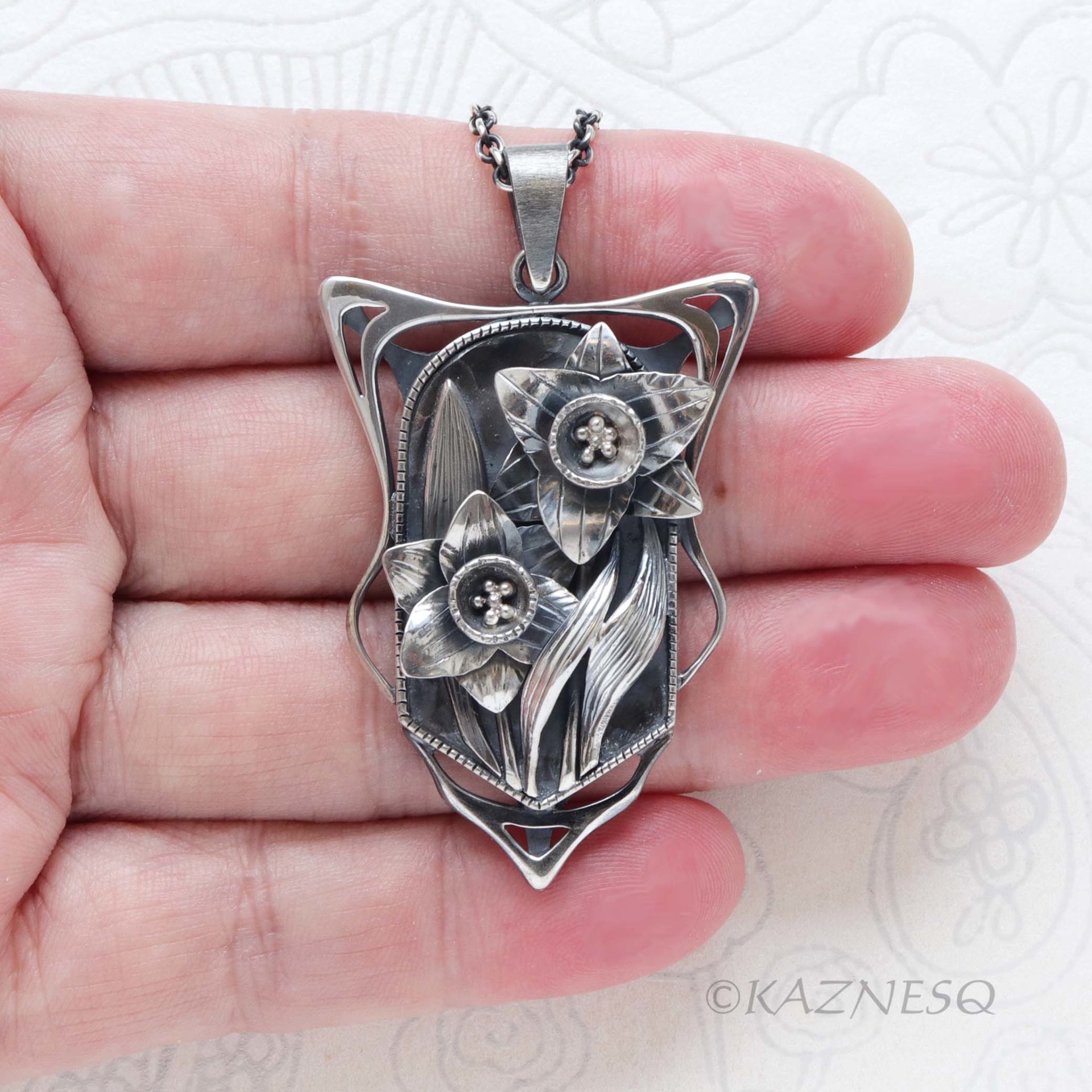 Botanical Statement Necklace - Art Nouveau Style Oxidized Silver Narcissus Pendant