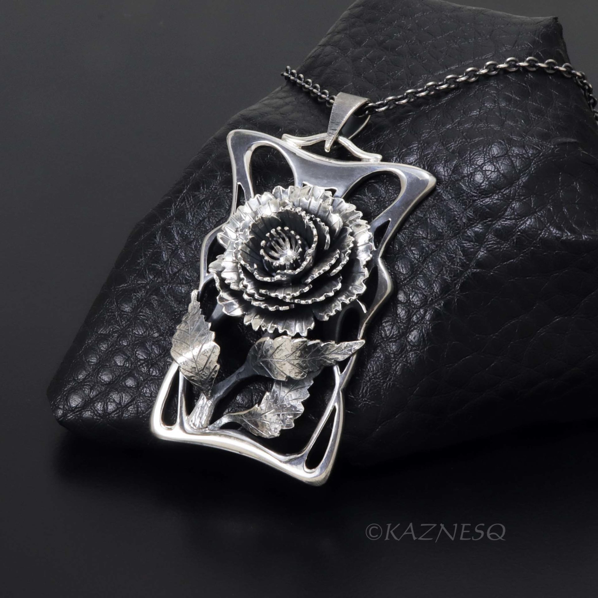 Handcrafted Art Nouveau Peony Pendant - Oxidized Sterling Silver Floral Necklace