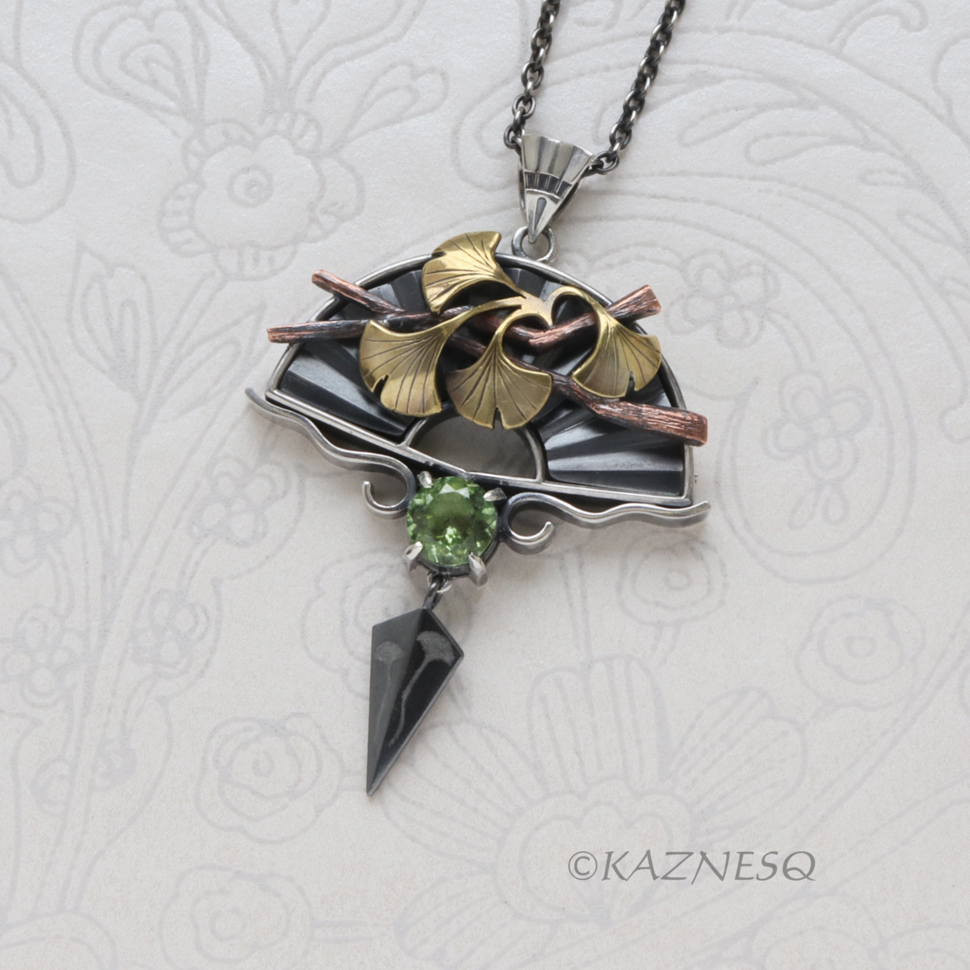 Japanese Garden Inspired Pendant - Oxidized Silver, Brass Ginkgo & Tourmaline Peridot