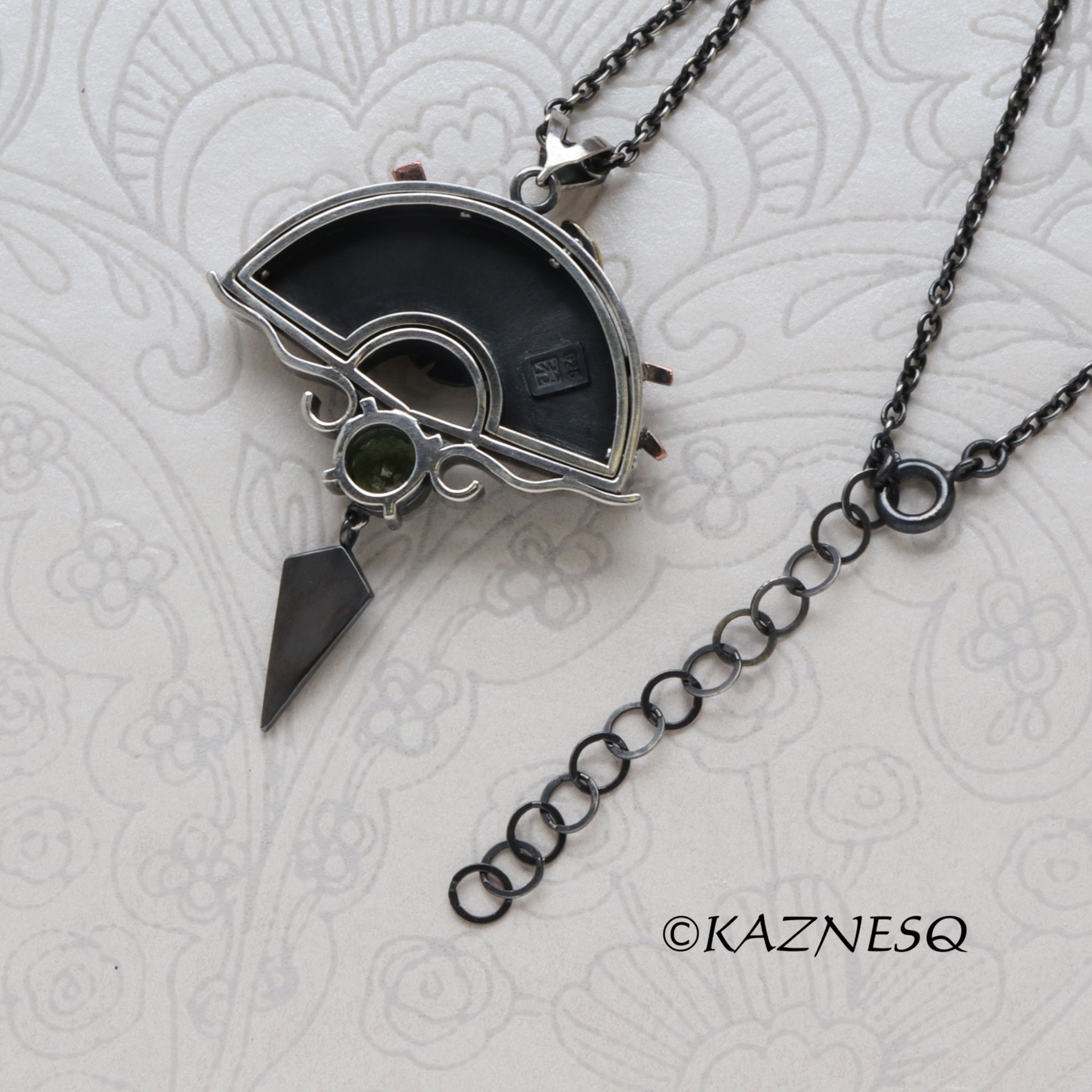 Japanese Garden Inspired Pendant - Oxidized Silver, Brass Ginkgo & Tourmaline Peridot