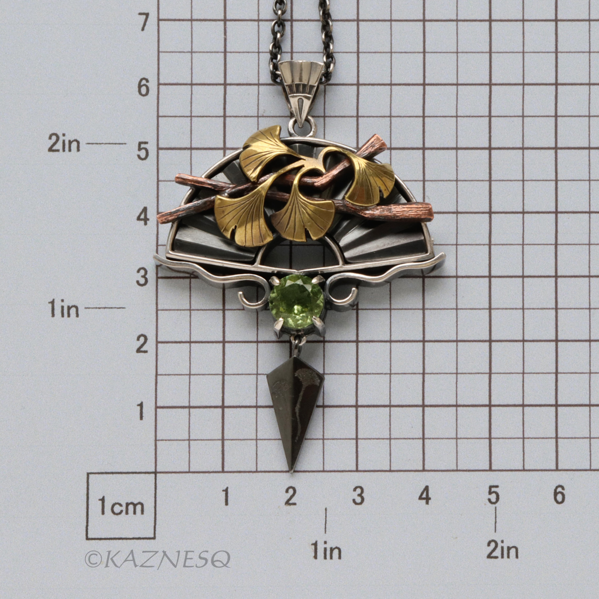 Japanese Garden Inspired Pendant - Oxidized Silver, Brass Ginkgo & Tourmaline Peridot