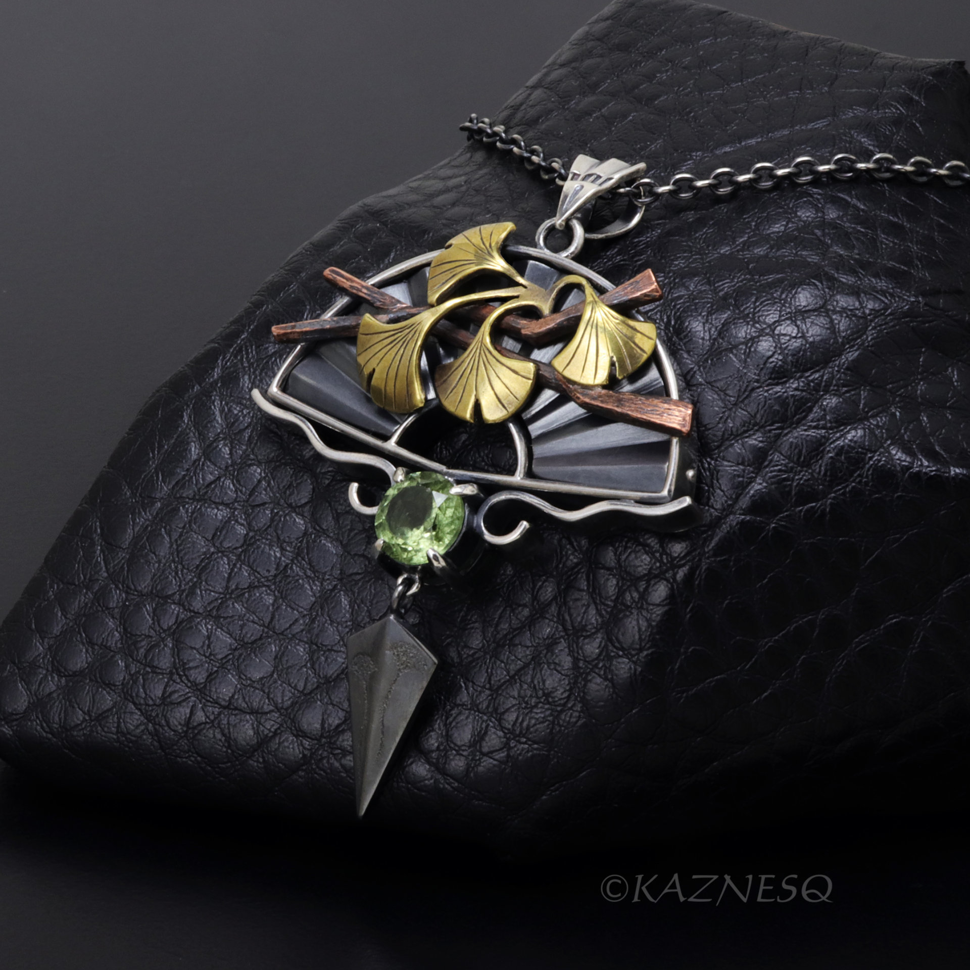 Japanese Garden Inspired Pendant - Oxidized Silver, Brass Ginkgo & Tourmaline Peridot