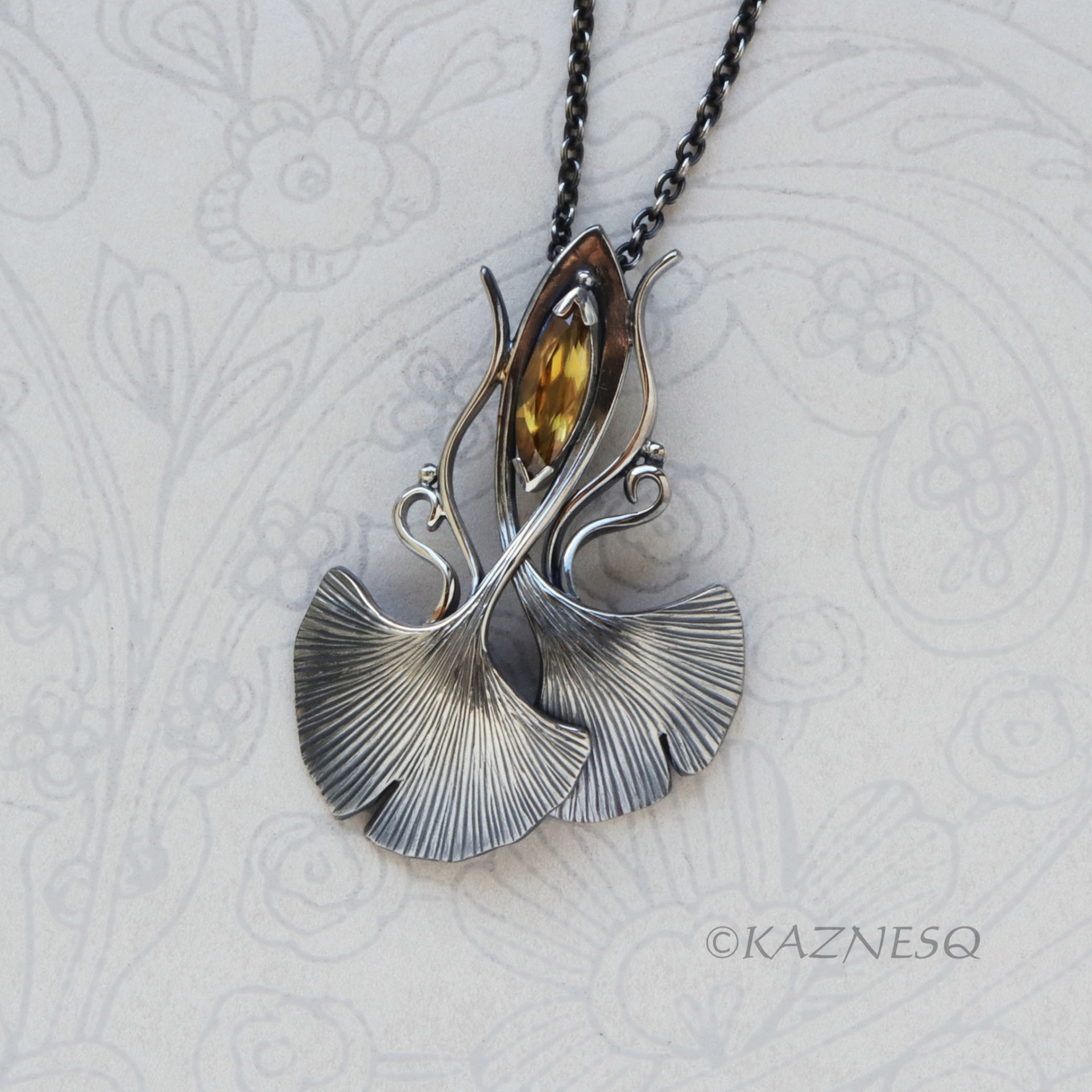 Art Nouveau style Oxidized Silver Ginkgo Pendant with Natural Sphene