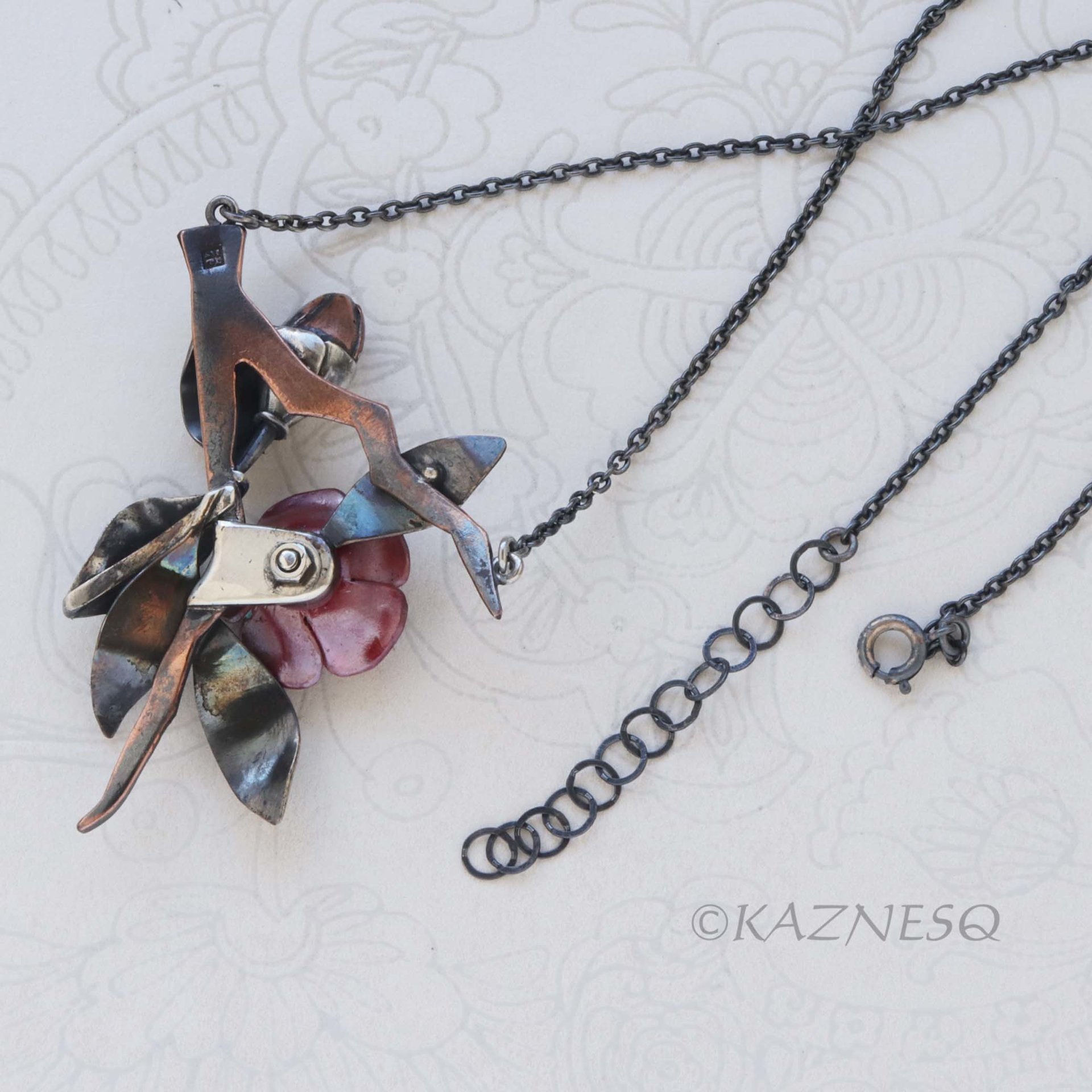 Japanese Red Camellia Pendant - Oxidized Silver & Red Copper with Golden Citrine