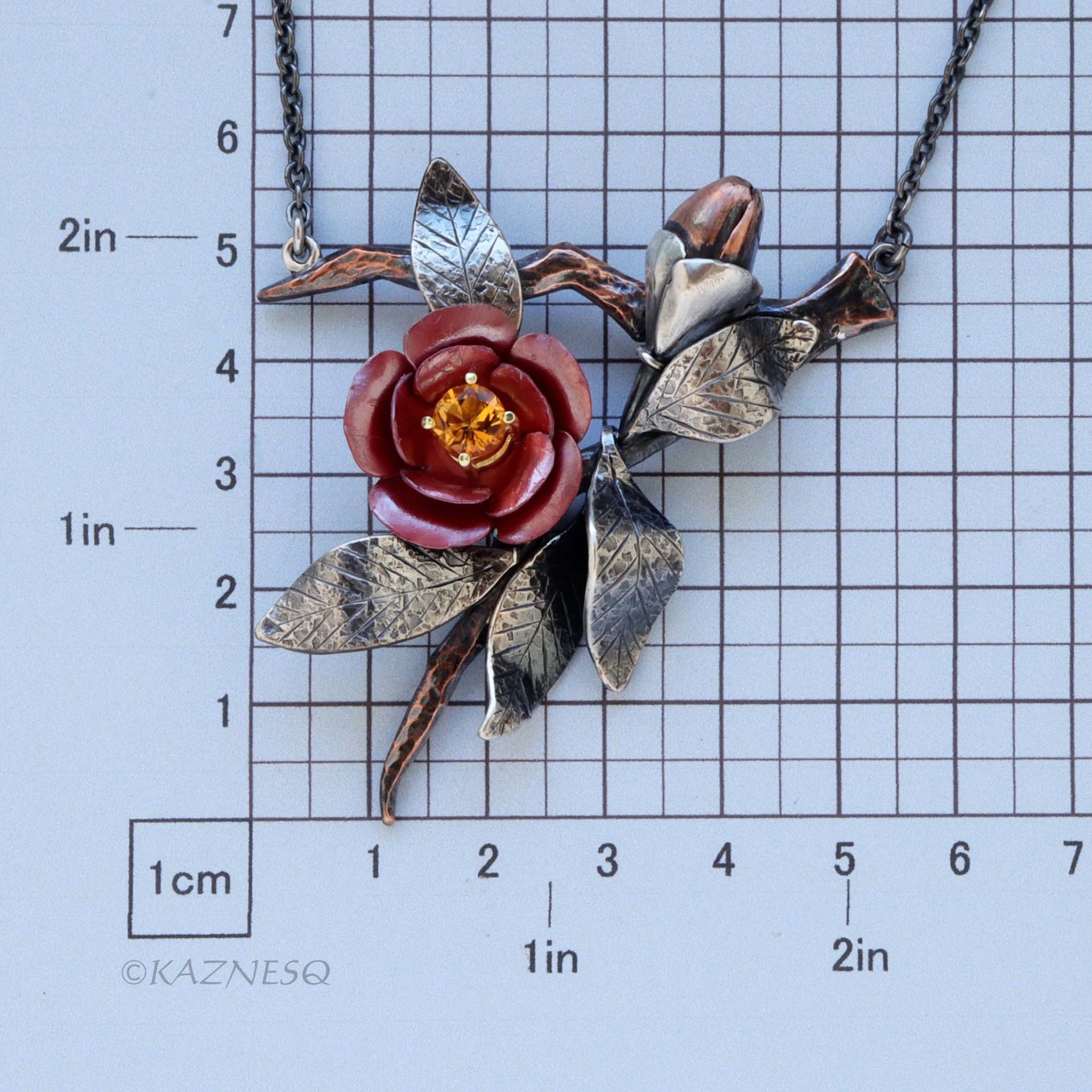Japanese Red Camellia Pendant - Oxidized Silver & Red Copper with Golden Citrine