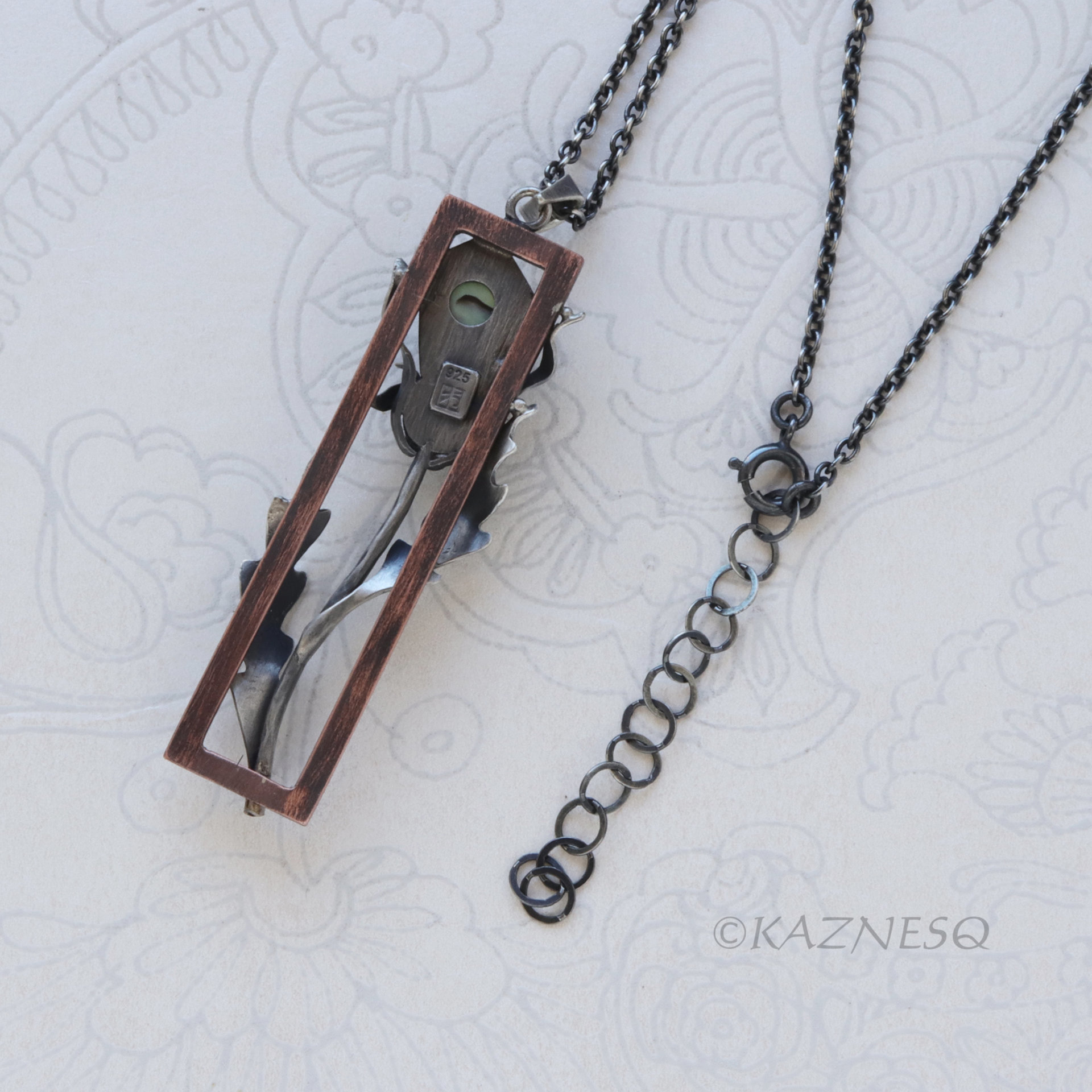 Oxidized Silver Thistle Pendant with a copper frame, Amethyst Mother of Pearl, Botanical Jewelry