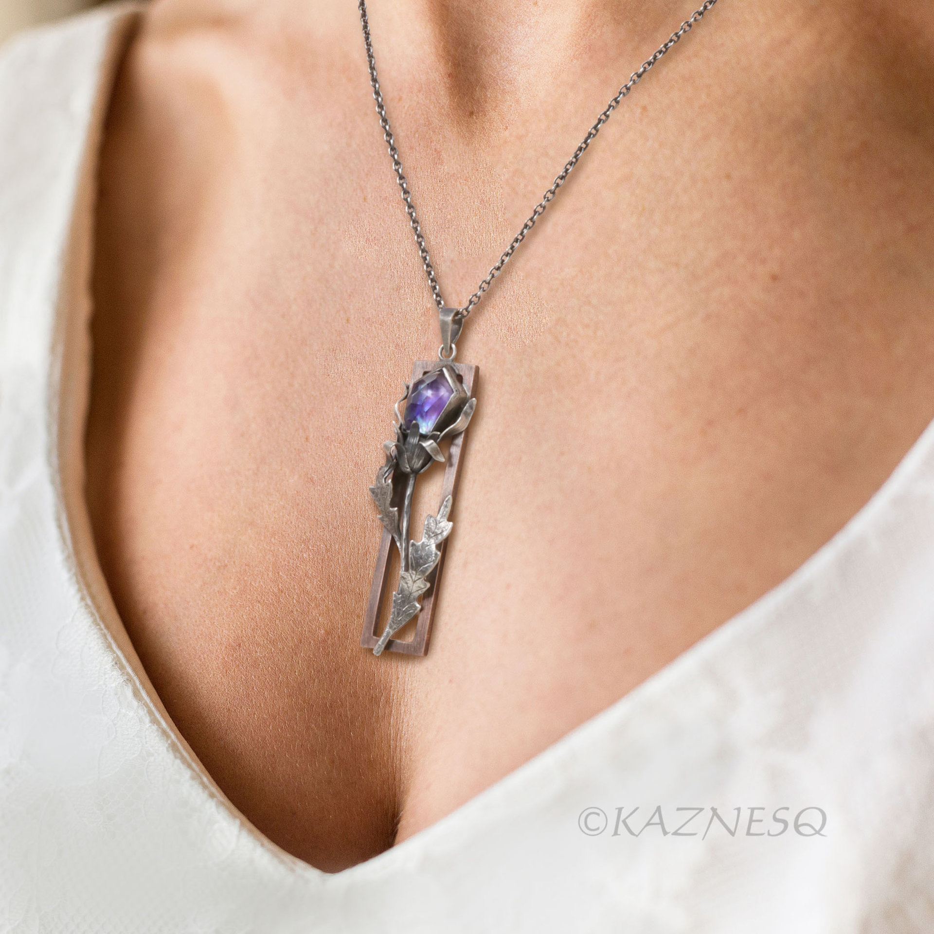 Oxidized Silver Thistle Pendant with a copper frame, Amethyst Mother of Pearl, Botanical Jewelry