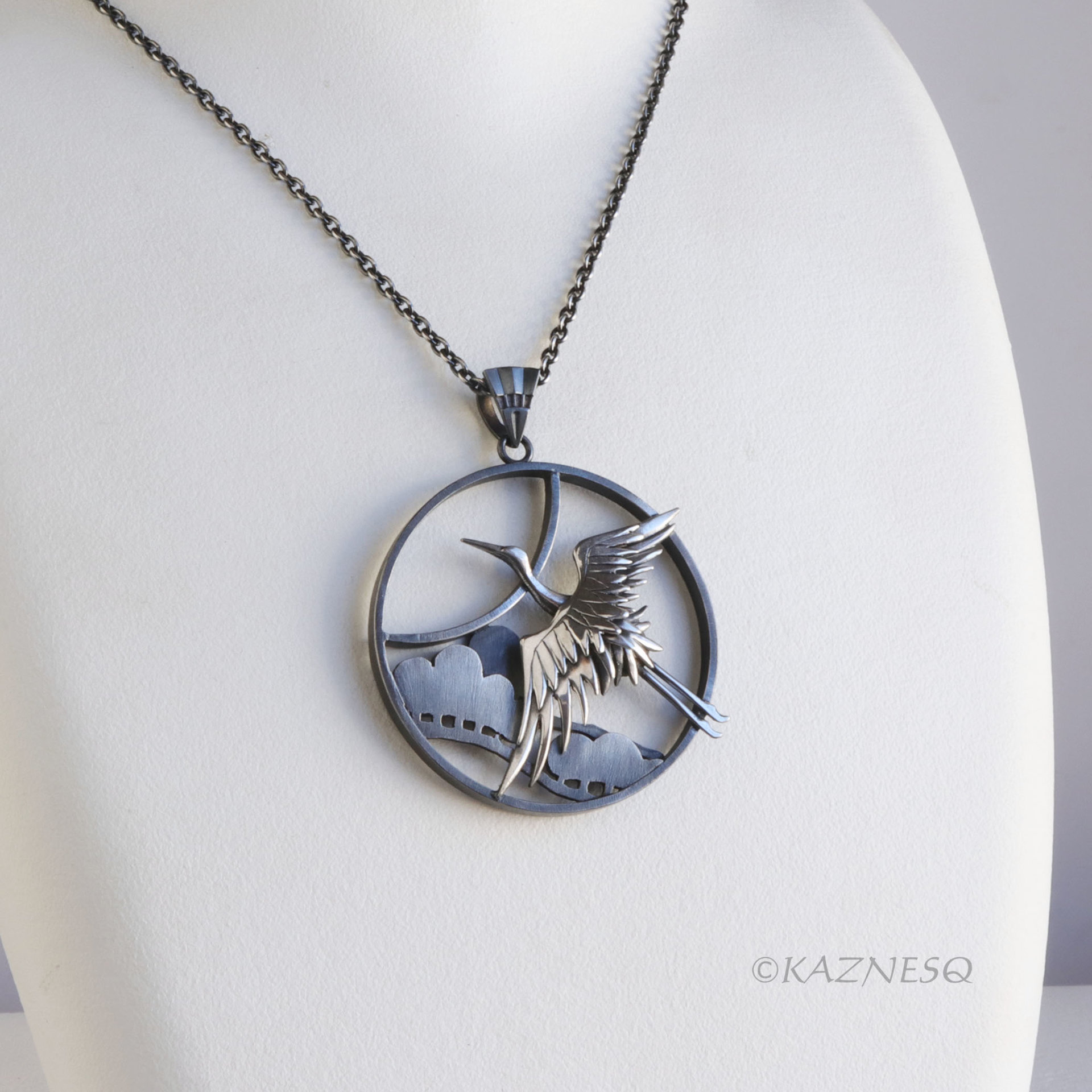 Sterling Silver Crane & Pine Pendant - Dimensional Japanese Nature Design