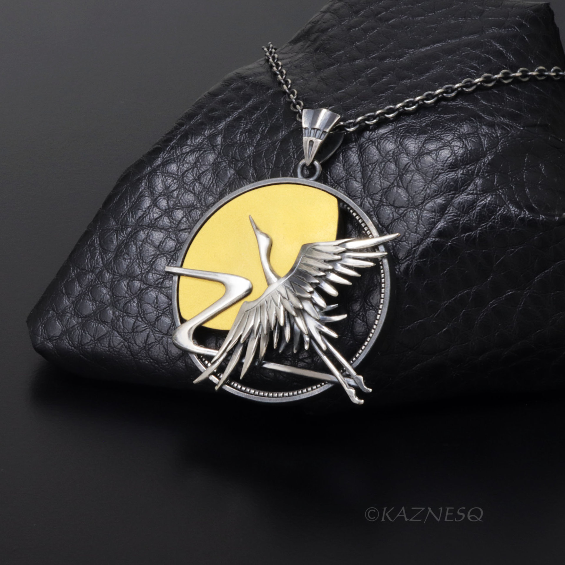 Japanese Crane in Flight with Rising Sun Pendant - Oxidized Sterling Silver & 24K Gold Keum-Boo