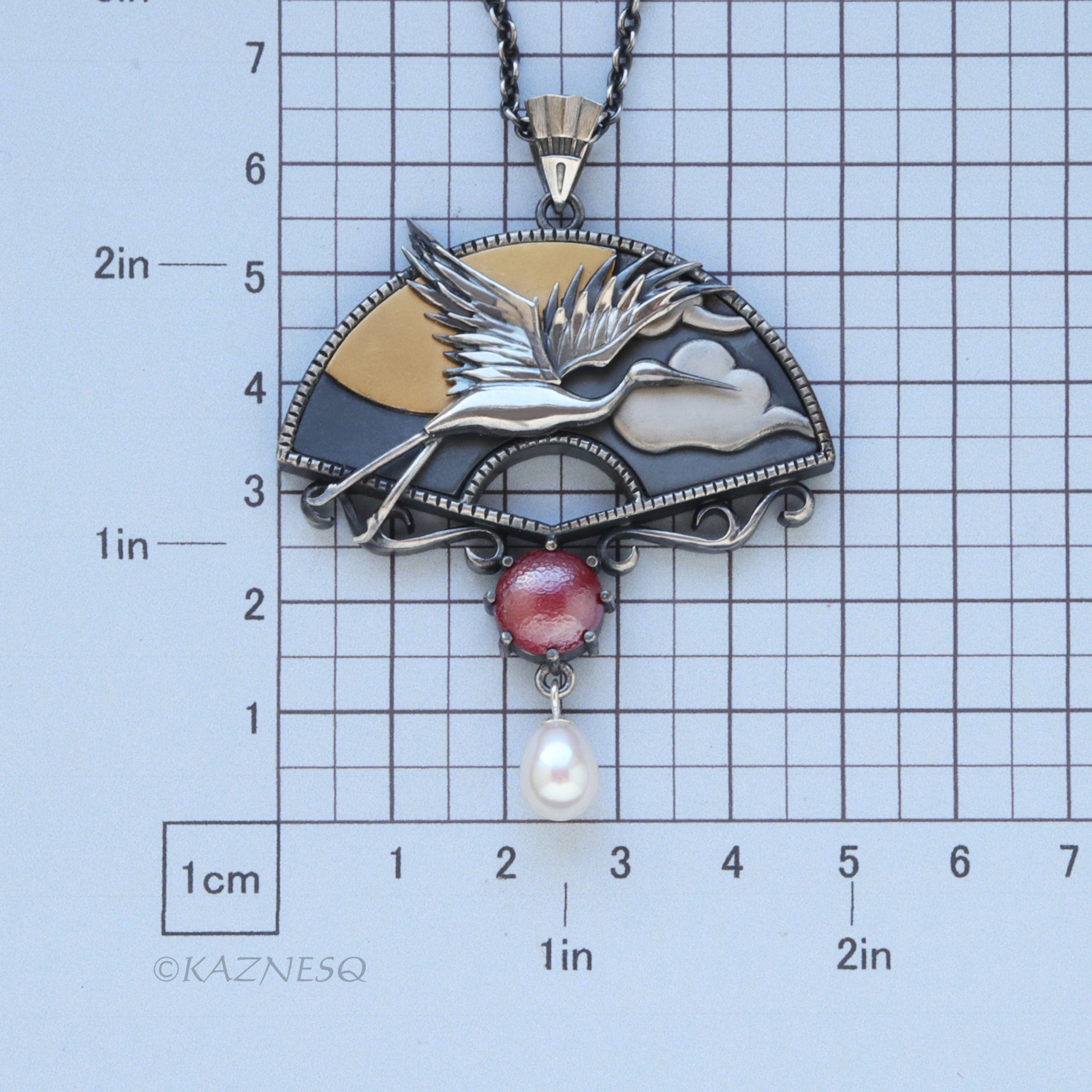 Oxidized Silver Crane Necklace with Keum-Boo Sun, Japanese Patina & Pearl