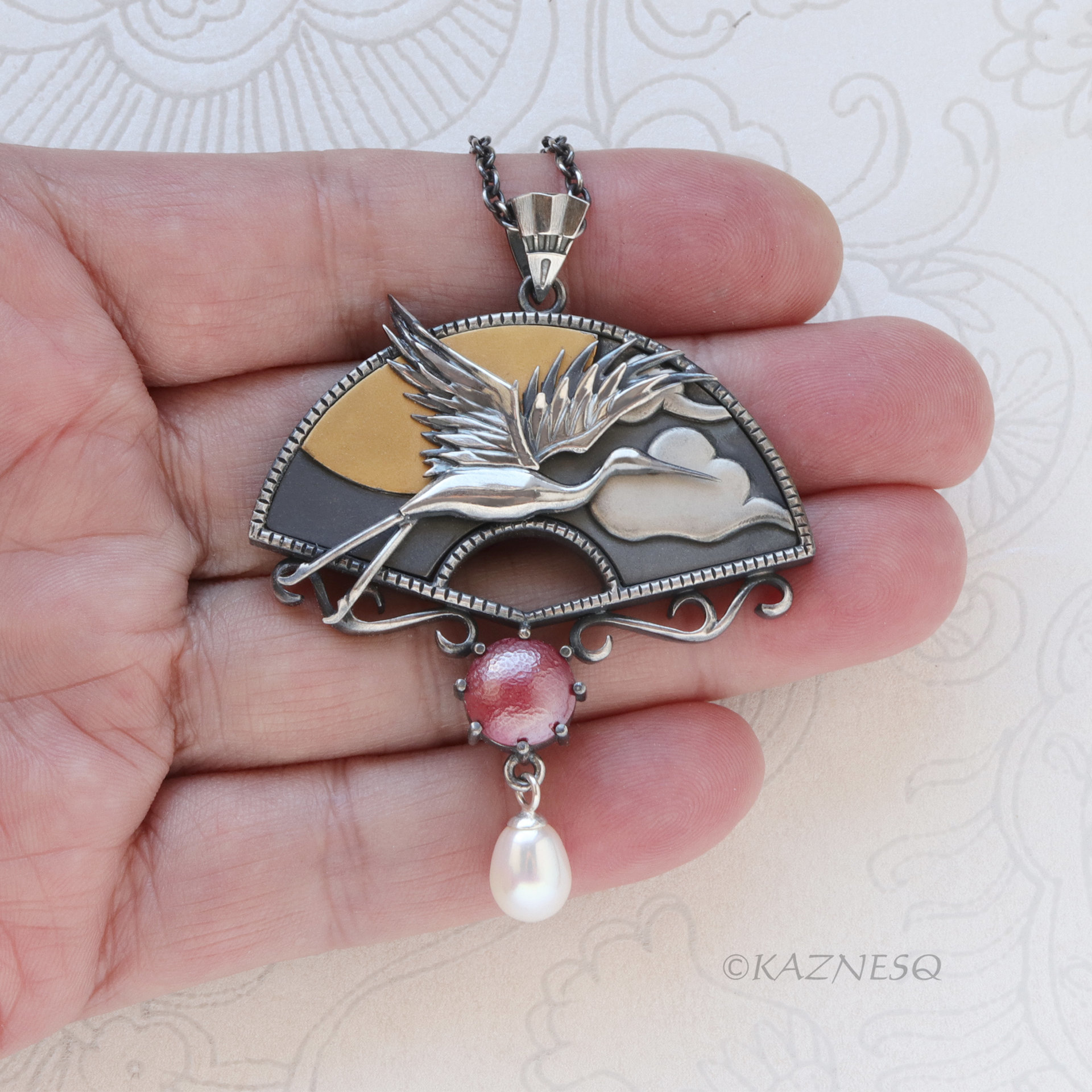 Oxidized Silver Crane Necklace with Keum-Boo Sun, Japanese Patina & Pearl