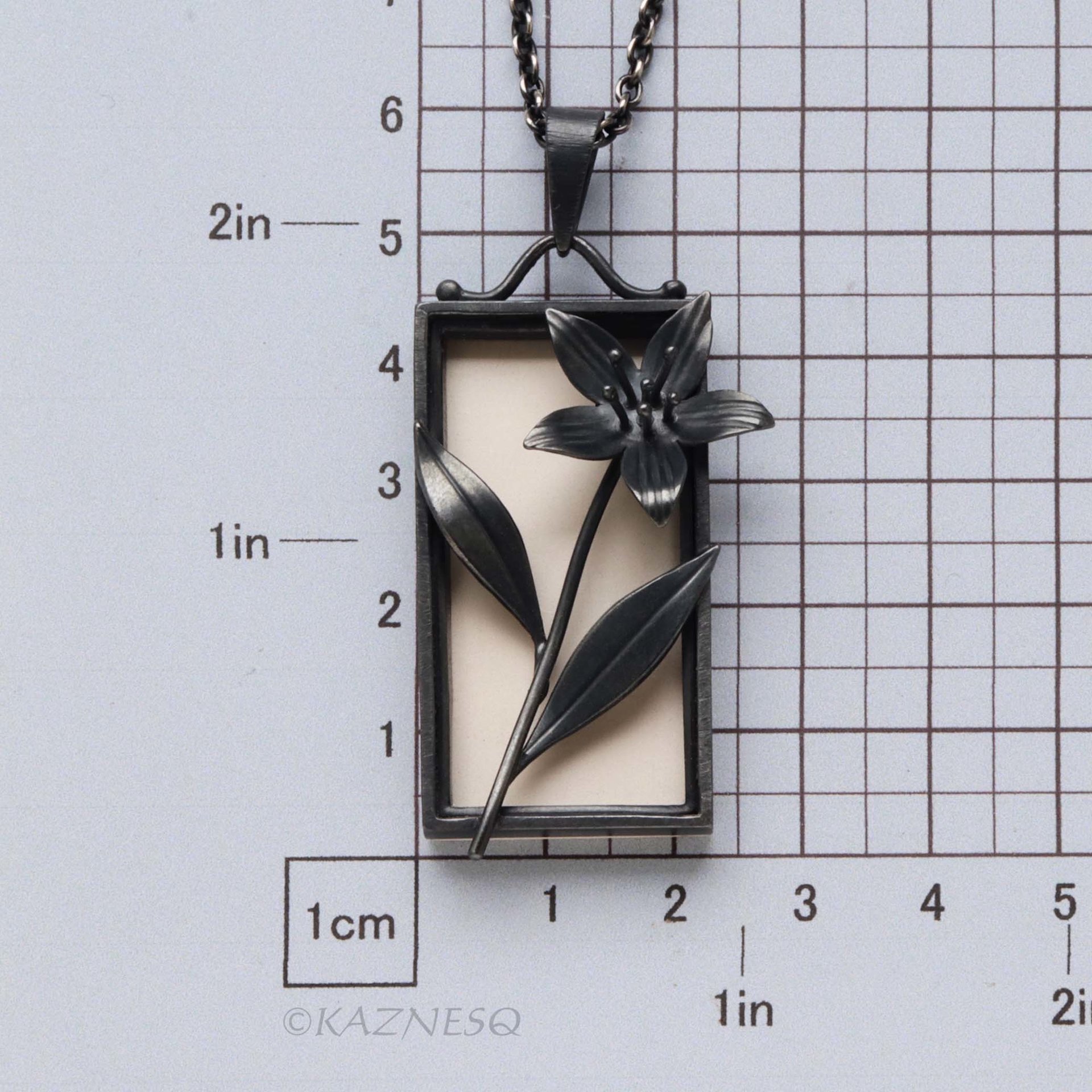Sterling Silver Framed Flower Pendant - Handmade Black and White Botanical Necklace