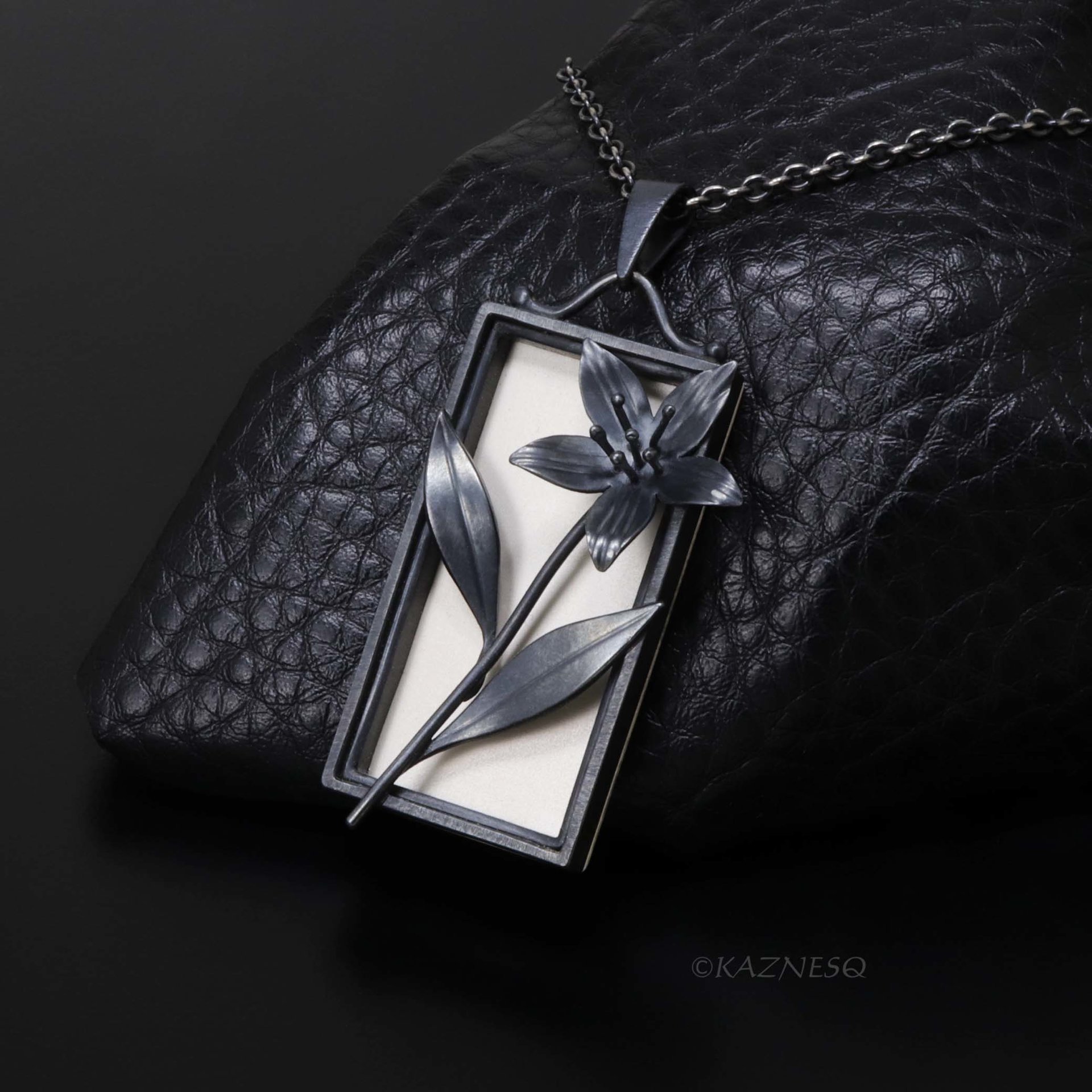 Sterling Silver Framed Flower Pendant - Handmade Black and White Botanical Necklace